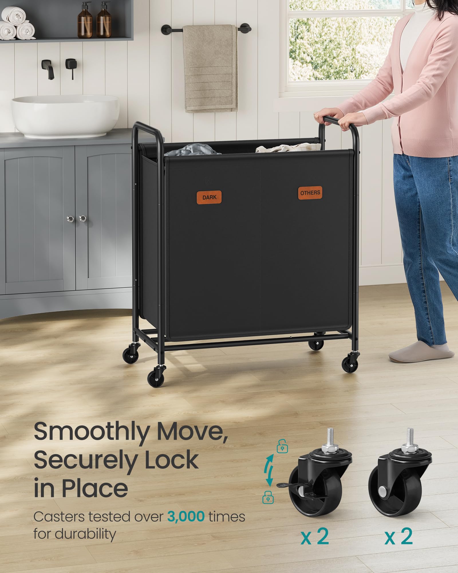SONGMICS 2-Section Laundry Sorter, Laundry Hamper with Wheels, Rolling Clothes Hamper Cart with Large Capacity and Removable Bags, for Laundry Room, Bedroom, Bathroom, Ink Black URLS210B01 - Image 4