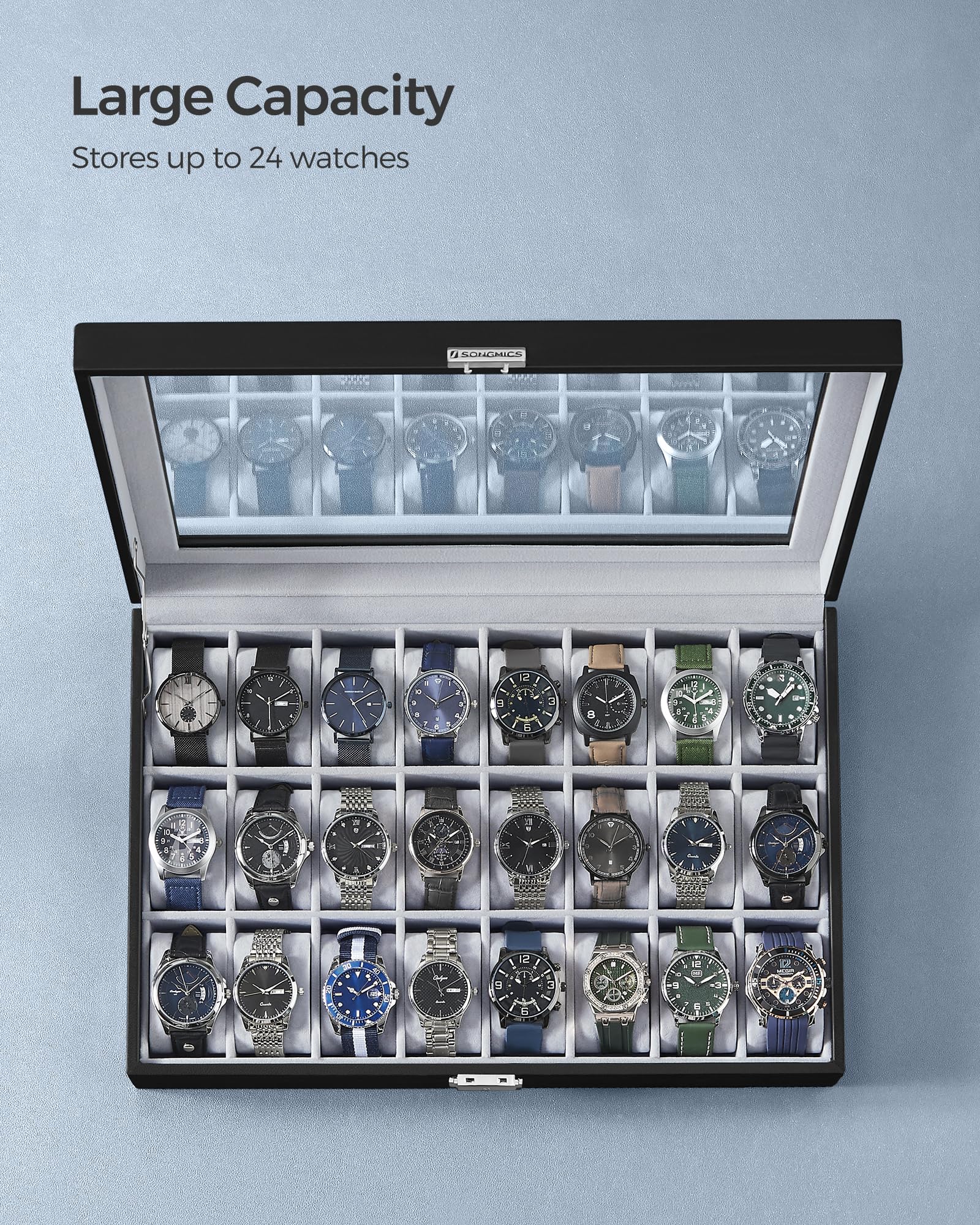 SONGMICS 24-Slot Watch Box, Lockable Watch Storage Case with Glass Lid, Gift Idea, Ink Black Synthetic Leather, Dove Gray Lining UJWB024 - Image 3
