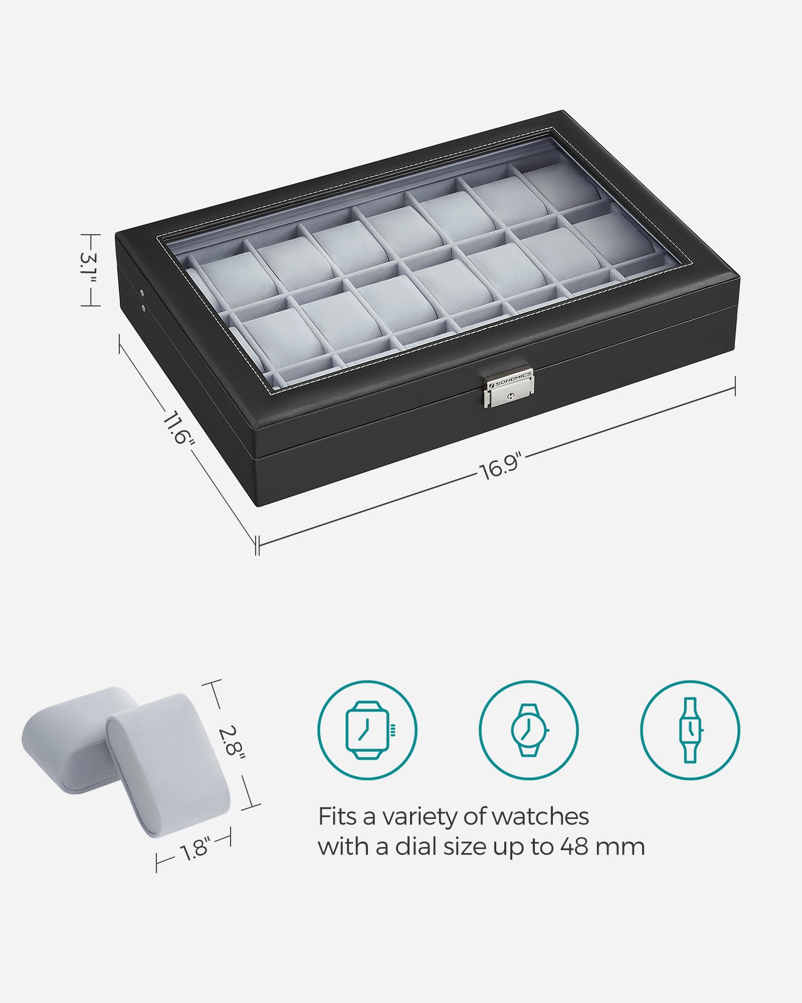 SONGMICS 24-Slot Watch Box, Lockable Watch Storage Case with Glass Lid, Gift Idea, Ink Black Synthetic Leather, Dove Gray Lining UJWB024 - Image 6