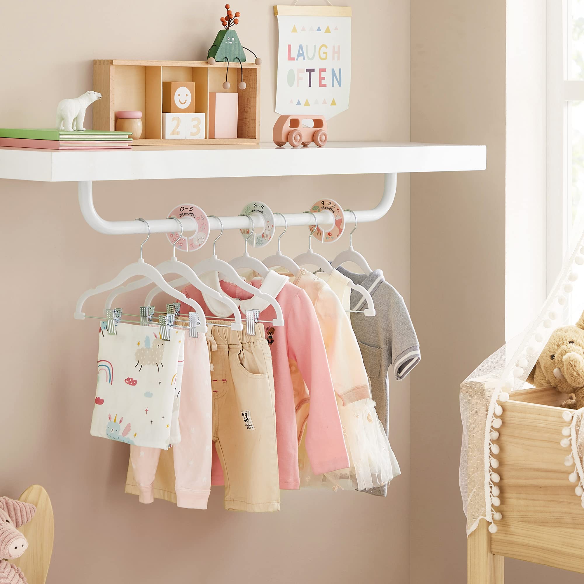 SONGMICS 30 Packs Baby Pants Hangers with Clips, Kids Hangers with 6 Clothes Dividers, Non-Slip Children’s Clothes Hanger, White UCRF013W30 - Image 3