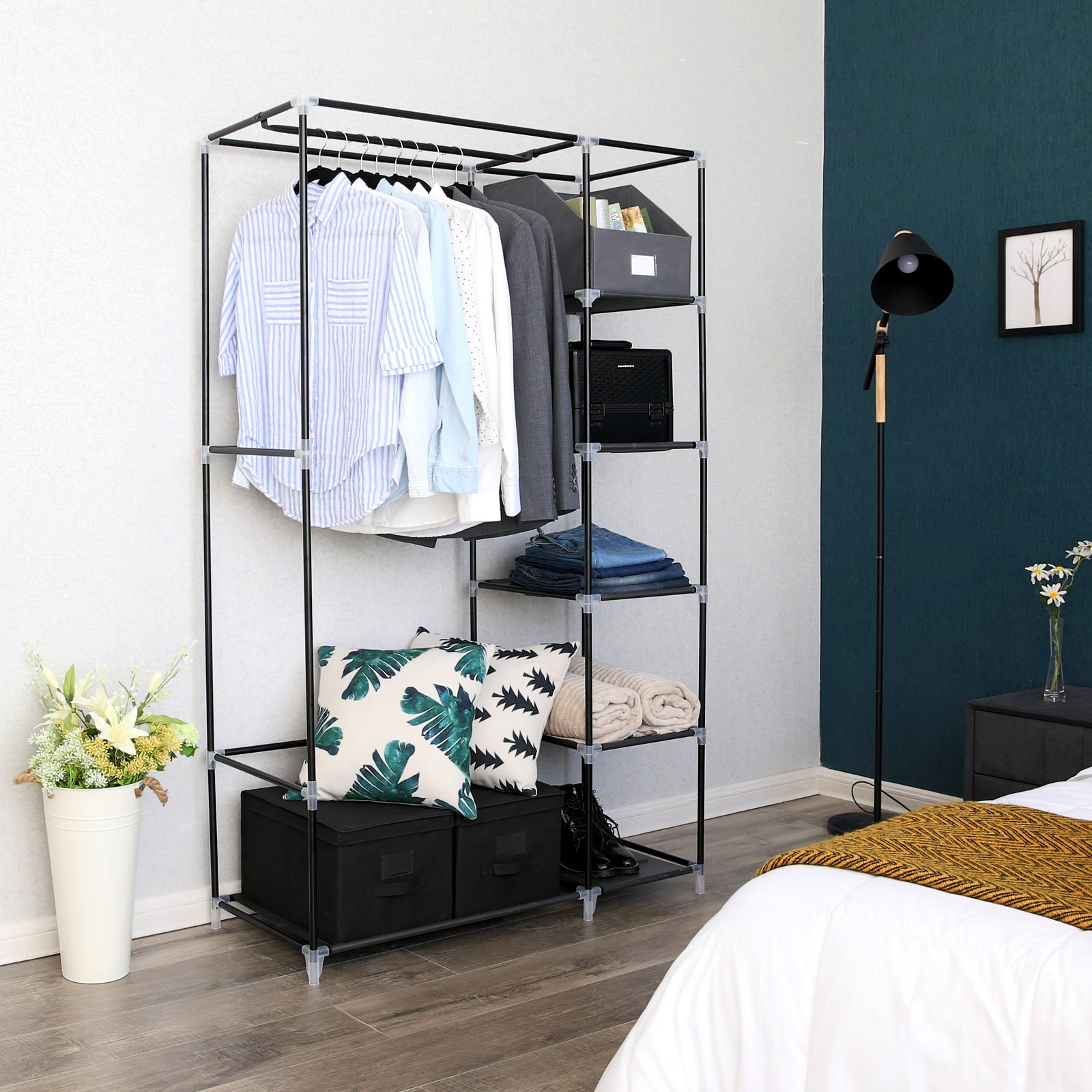 SONGMICS 43 Inch Portable Clothes Closet Wardrobe with Non-woven Fabric and Hanging Rod Quick and Easy to Assemble Black ULSF007 - Image 3