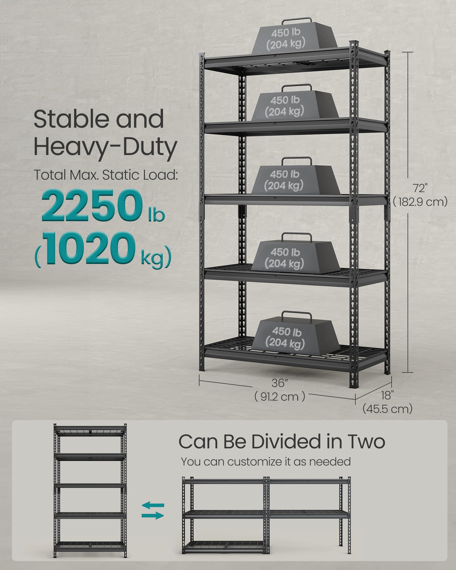 SONGMICS 5-Tier Storage Shelves, Heavy-Duty Garage Shelving, Adjustable Shelving Unit, Steel Shelf, Boltless Assembly, for Garage, Shed, 2,250 lb Load, 18 x 36 x 72 Inches, Ink Black UGLR453B01 - Image 3