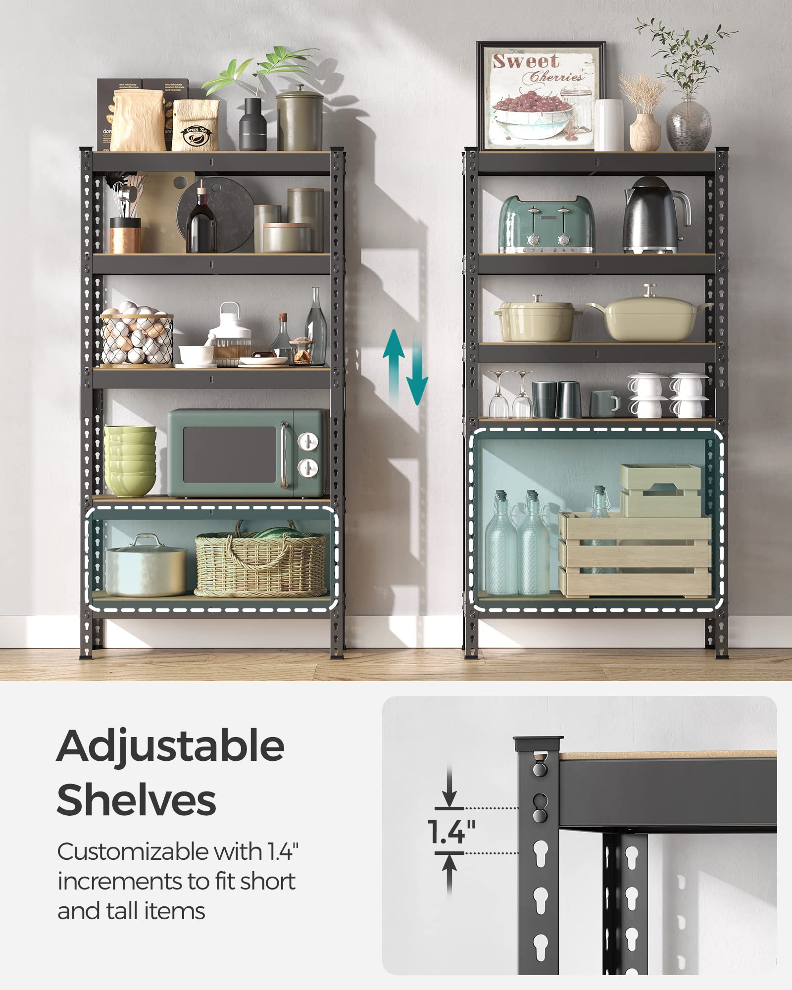 SONGMICS 5-Tier Storage Shelves, Load 2310 lb, Garage Storage, Boltless Assembly, Adjustable Shelving Unit, 11.8 x 29.5 x 59.1 Inches, for Study Shed Basement, Black and Natural Beige UGLR300B01 - Image 5