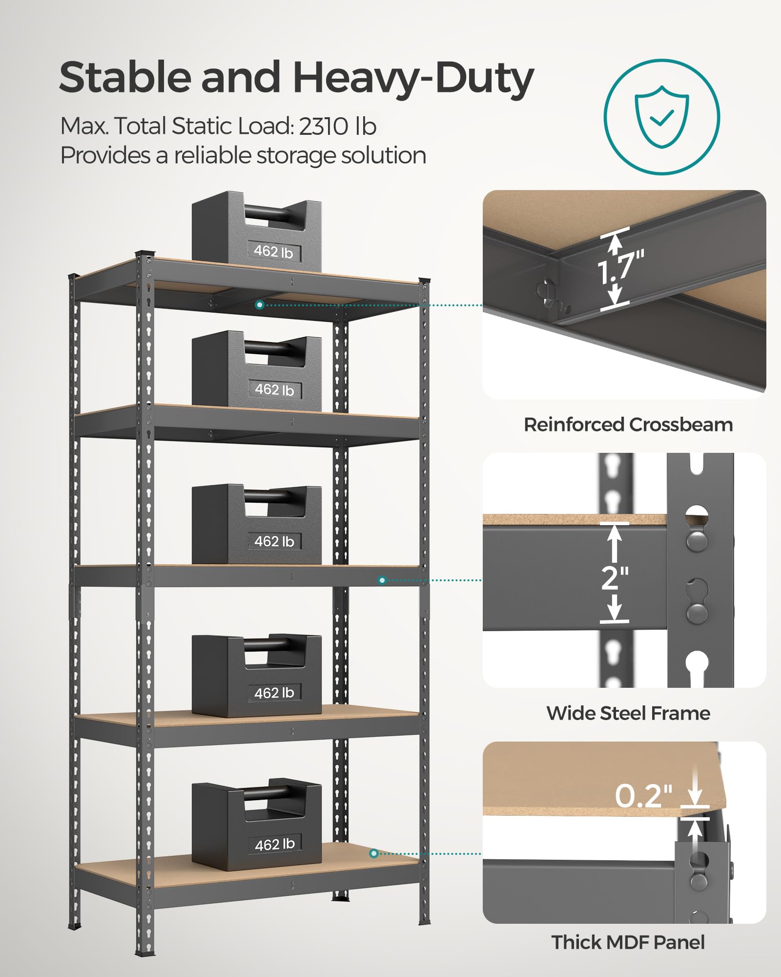 SONGMICS 5-Tier Storage Shelves, Load 2310 lb, Set of 2 Garage Storage, Boltless Assembly, Adjustable Shelving Unit, 17.7 x 35.4 x 70.9 Inches, for Study Shed Basement, Gray UGLR450G02 - Image 4