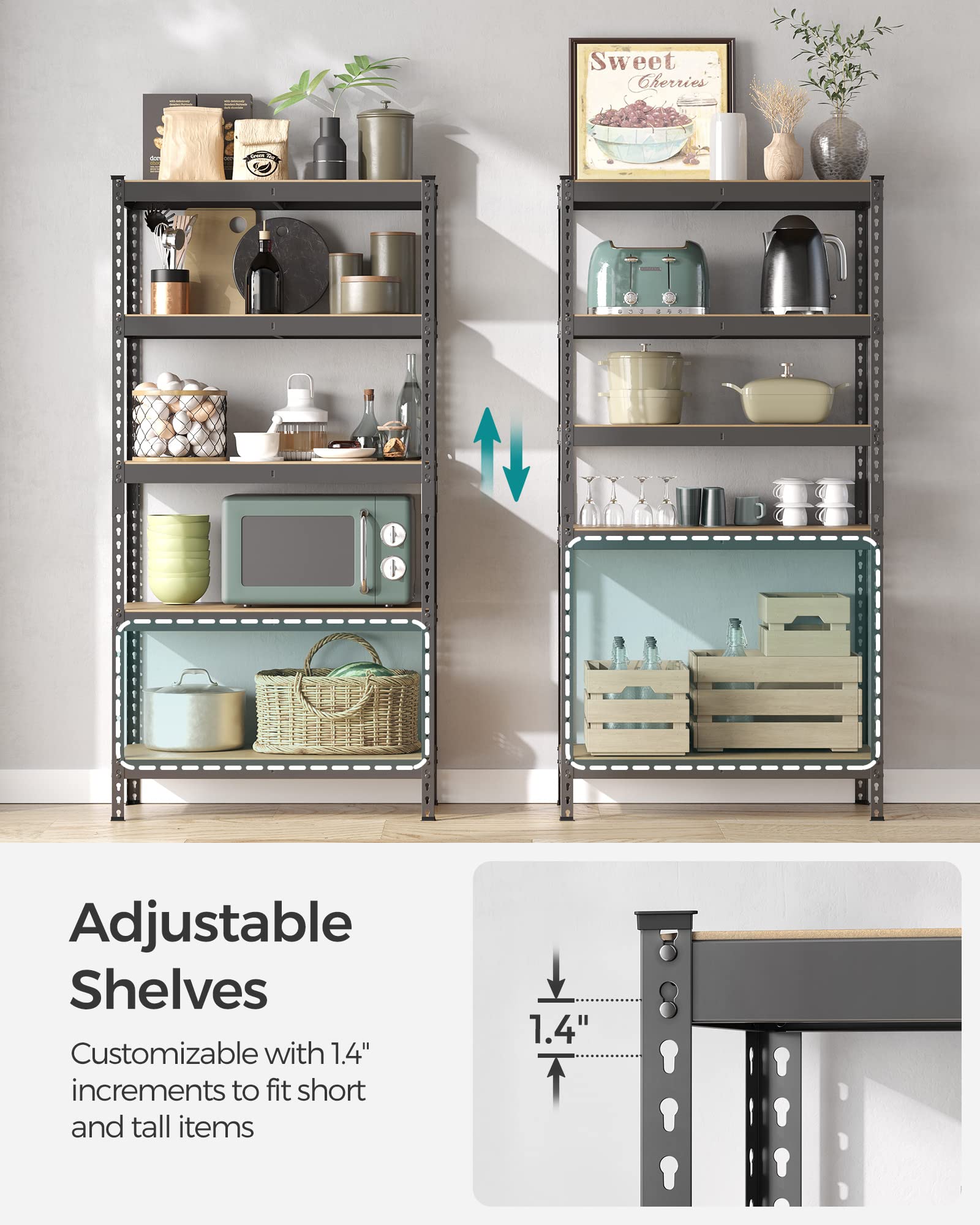 SONGMICS 5-Tier Storage Shelves, Load 2310 lb, Set of 2 Garage Storage, Boltless Assembly, Adjustable Shelving Unit, 17.7 x 35.4 x 70.9 Inches, for Study Shed Basement, Gray UGLR450G02 - Image 6
