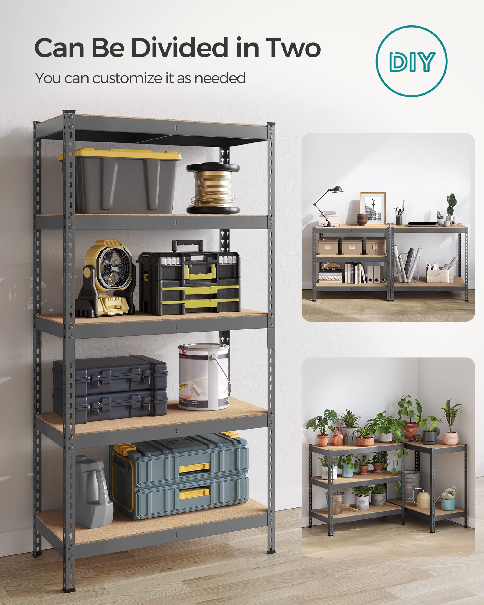 SONGMICS 5-Tier Storage Shelves, Load 2310 lb, Set of 2 Garage Storage, Boltless Assembly, Adjustable Shelving Unit, 17.7 x 35.4 x 70.9 Inches, for Study Shed Basement, Gray UGLR450G02 - Image 8
