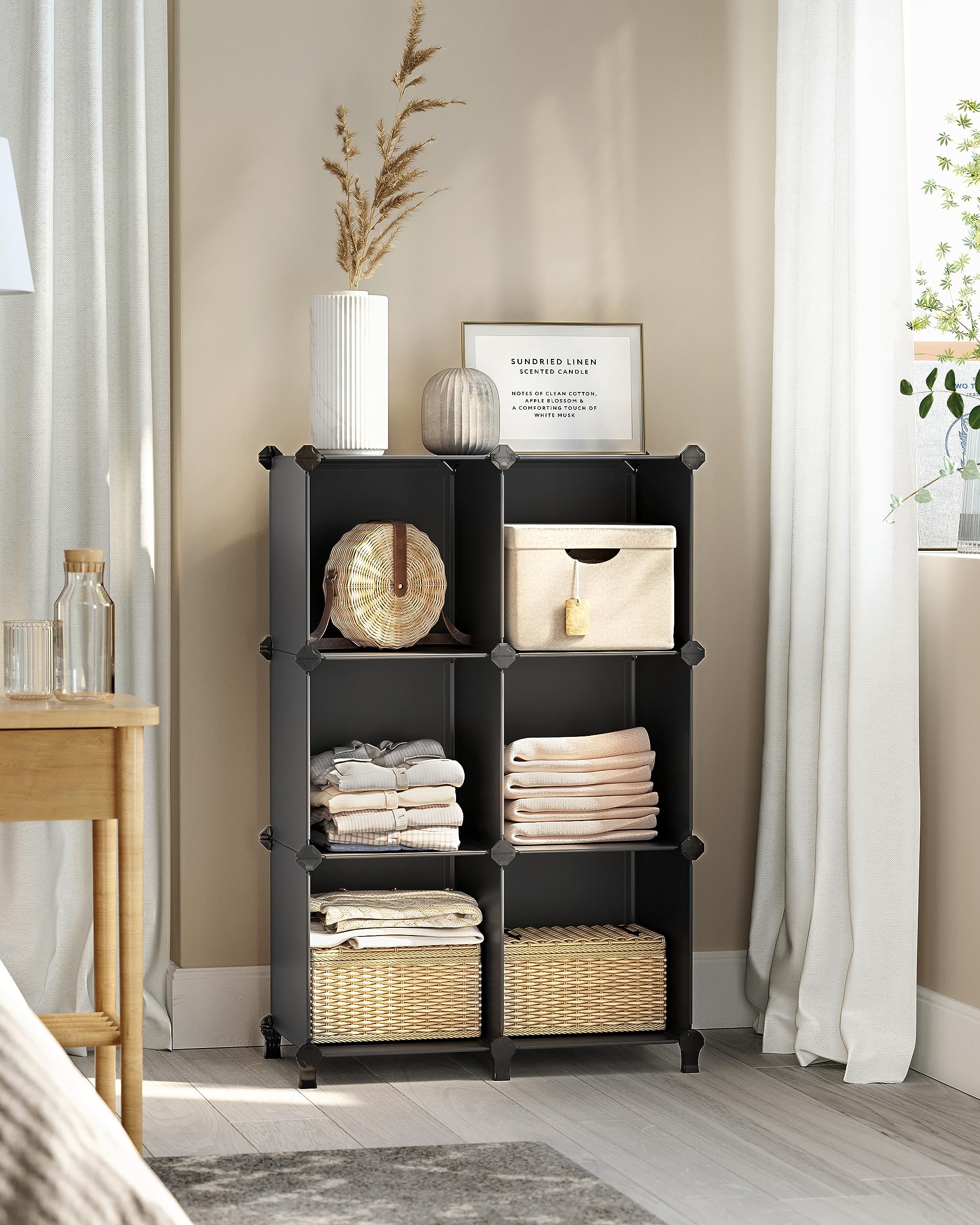 SONGMICS 6 Cube Storage Organizer, Modular Bookshelf, DIY Closet Organizers and Storage, Plastic Stackable Shelves, 11.8 x 11.8 x 11.8 Inch Cubes, with Feet and Rubber Mallet, Black ULPC06H - Image 3