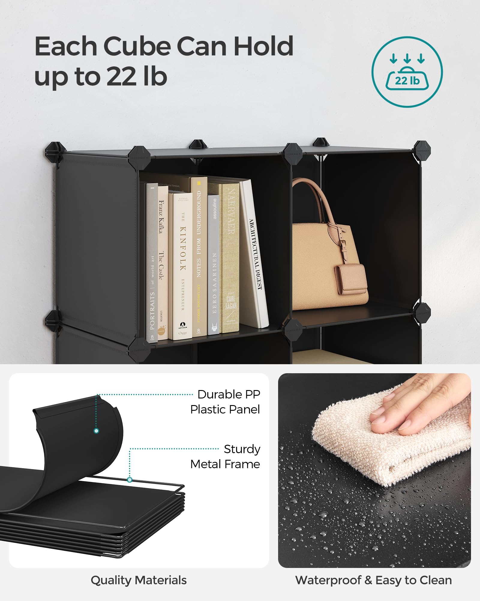 SONGMICS 6 Cube Storage Organizer, Modular Bookshelf, DIY Closet Organizers and Storage, Plastic Stackable Shelves, 11.8 x 11.8 x 11.8 Inch Cubes, with Feet and Rubber Mallet, Black ULPC06H - Image 4