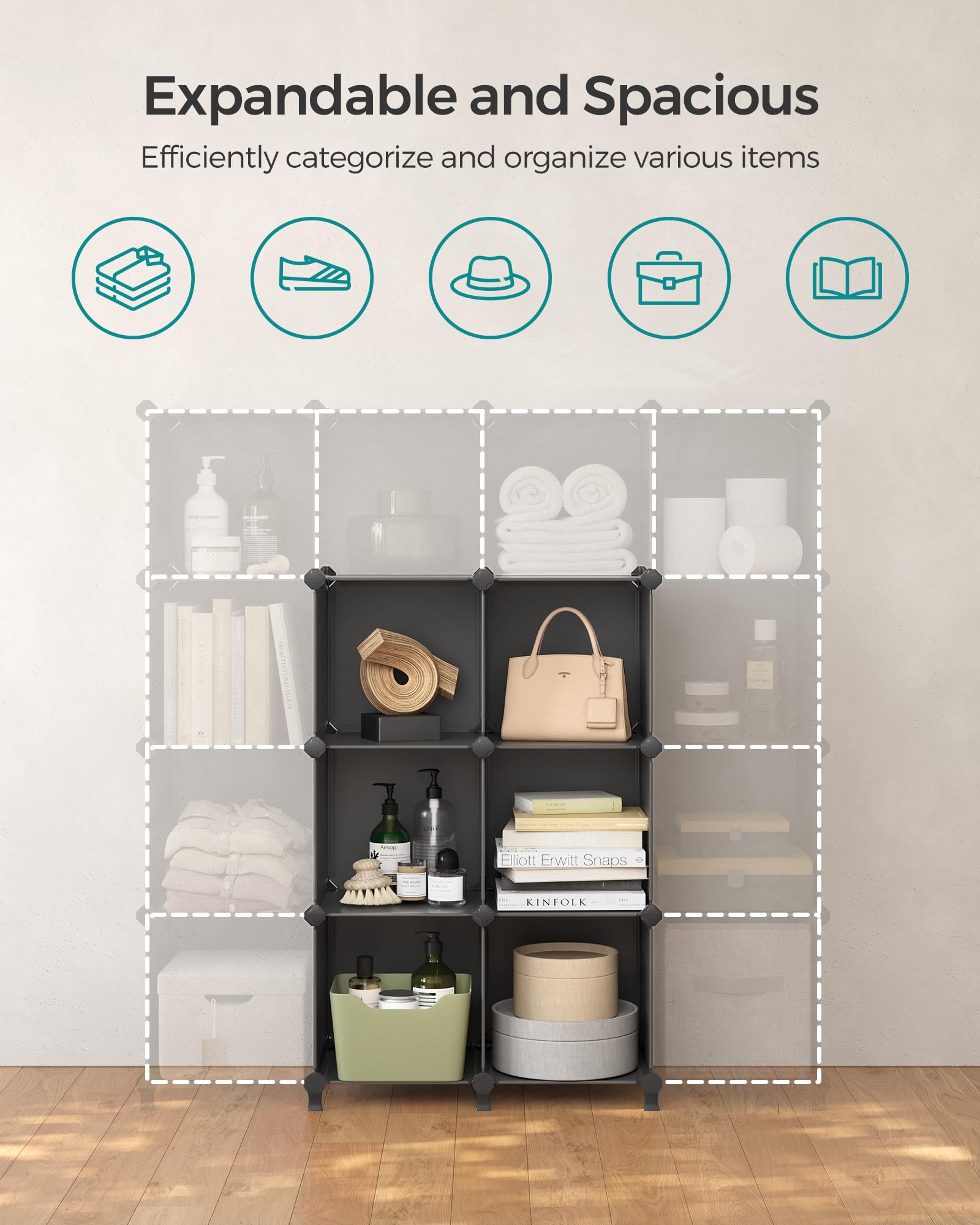 SONGMICS 6 Cube Storage Organizer, Modular Bookshelf, DIY Closet Organizers and Storage, Plastic Stackable Shelves, 11.8 x 11.8 x 11.8 Inch Cubes, with Feet and Rubber Mallet, Black ULPC06H - Image 5