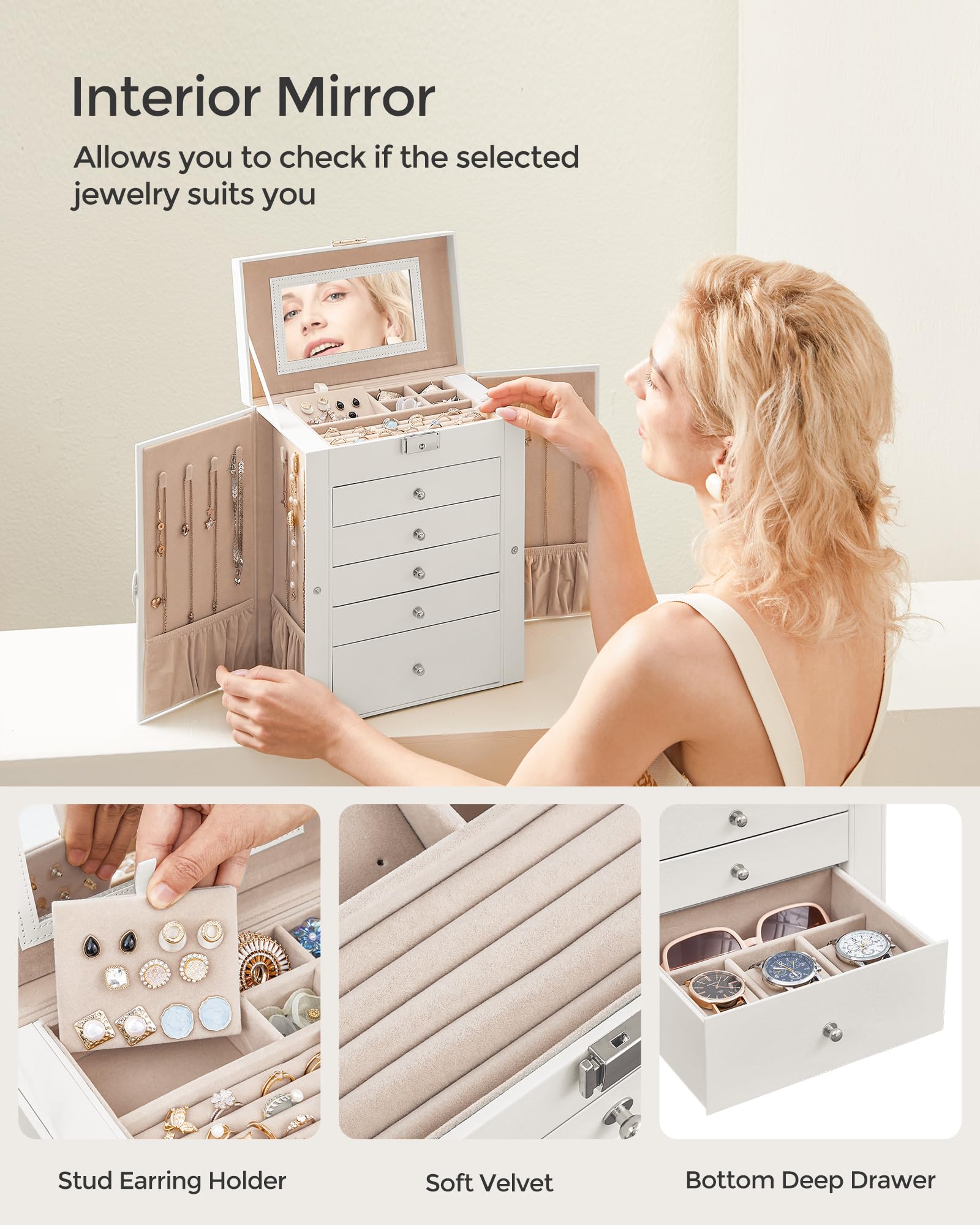 SONGMICS 6-Layer Jewelry Box Organizer with 5 Drawers, Jewelry Storage Case with Lock and Mirror, Large Storage Capacity, Gift for Loved Ones, for Necklaces, Watches, White UJBC152W01 - Image 5