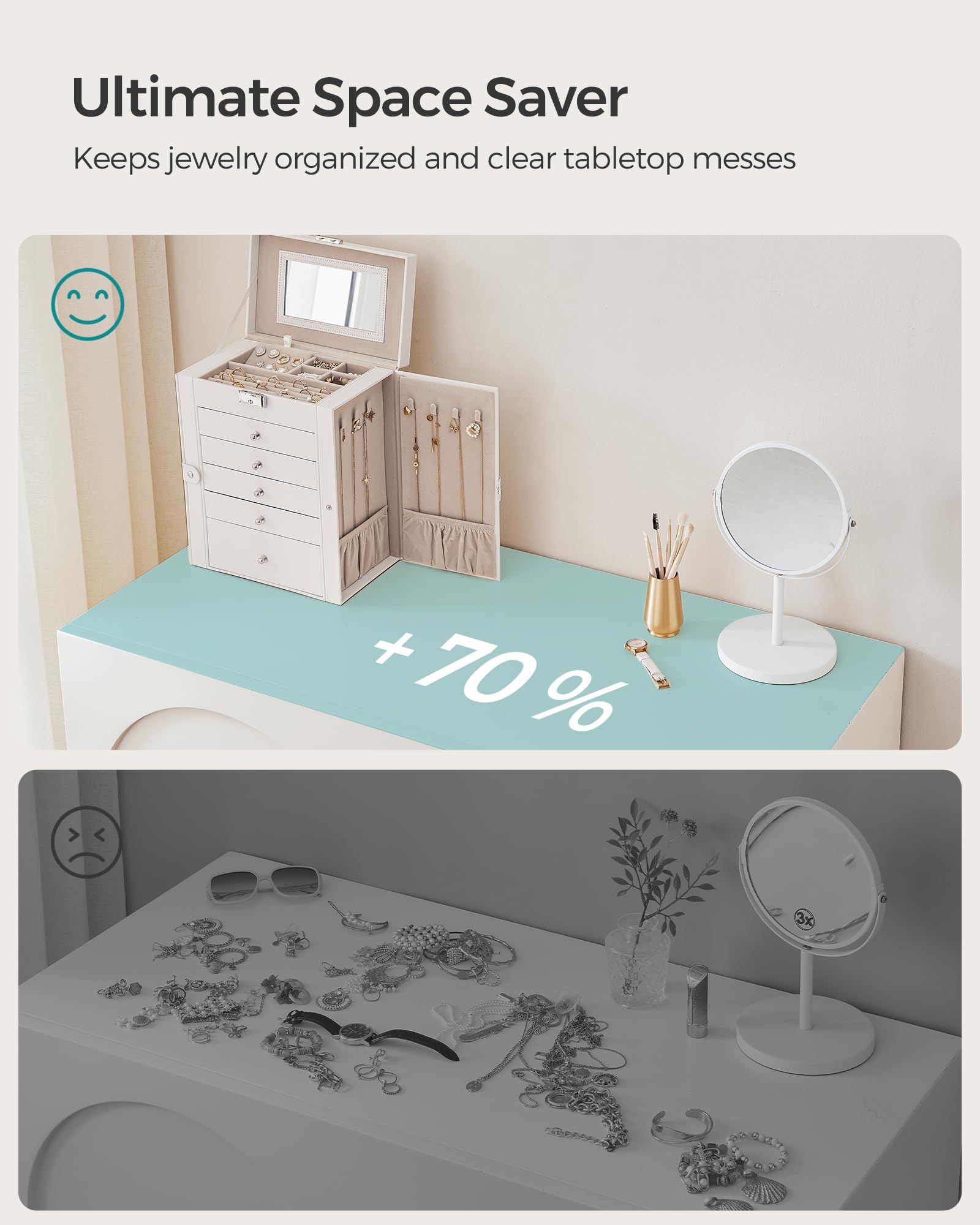 SONGMICS 6-Layer Jewelry Box Organizer with 5 Drawers, Jewelry Storage Case with Lock and Mirror, Large Storage Capacity, Gift for Loved Ones, for Necklaces, Watches, White UJBC152W01 - Image 7
