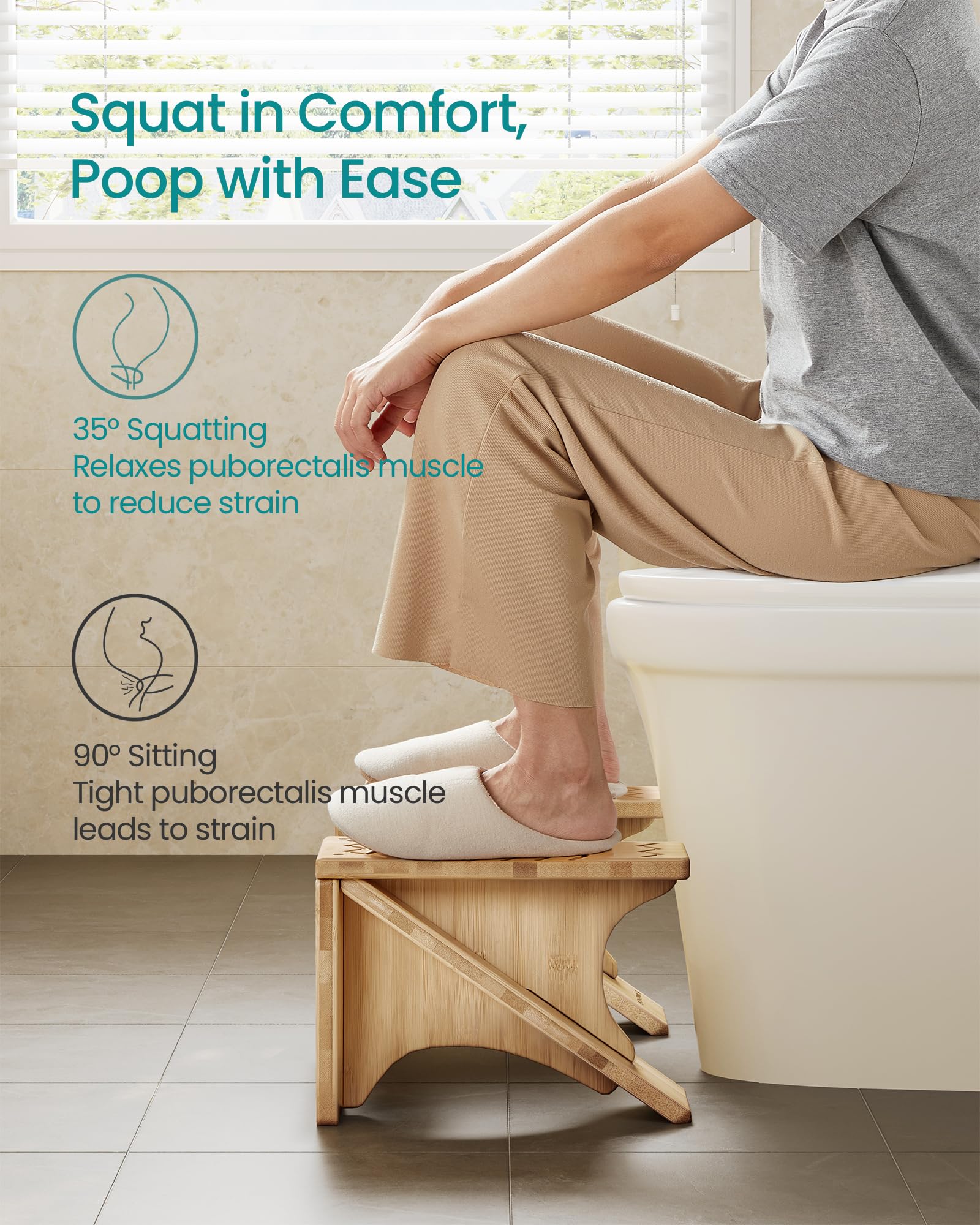 SONGMICS Bamboo Toilet Stool, Adjustable Poop Stool with Non-Slip Grooves, Height Convertible to 6.9 or 9.5 Inches, Squat Potty Stool for Bathroom, Space-Saving, Light Bamboo UBCB111N01 - Image 3