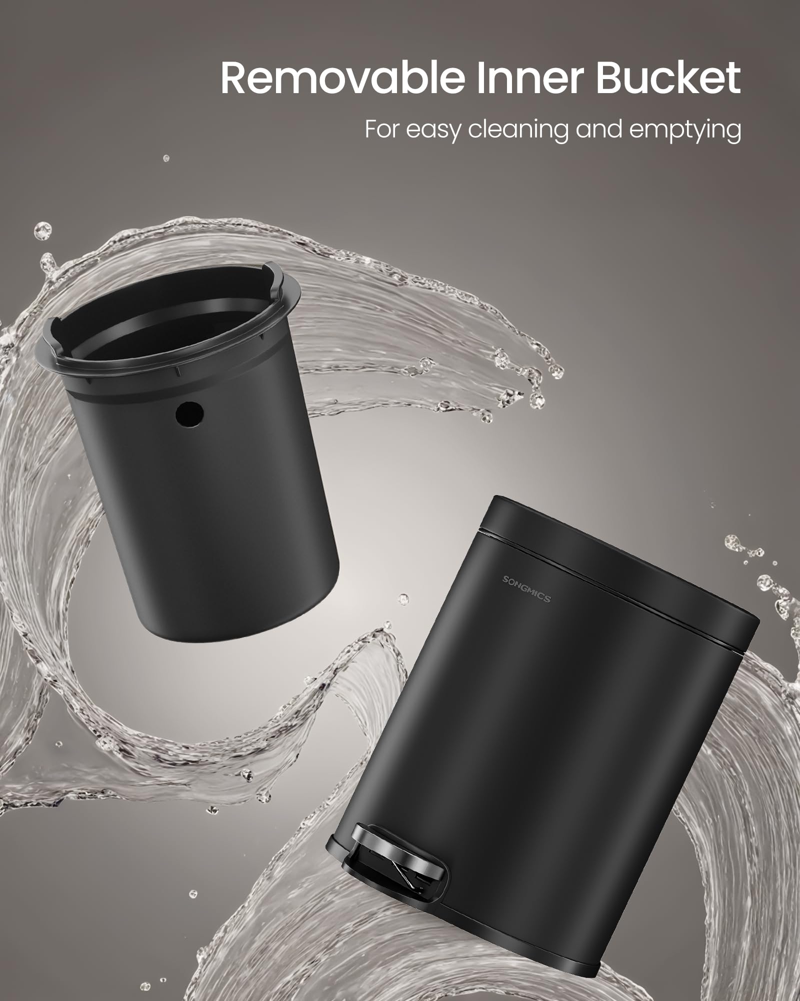 SONGMICS Bathroom Trash Can, 1.6 Gallon (6 L) Small Toilet Garbage Bin with Lid, Soft-Close, Stainless Steel, Pedal, Inner Bucket, Bedroom, Ink Black ULTB016BZ01 - Image 6