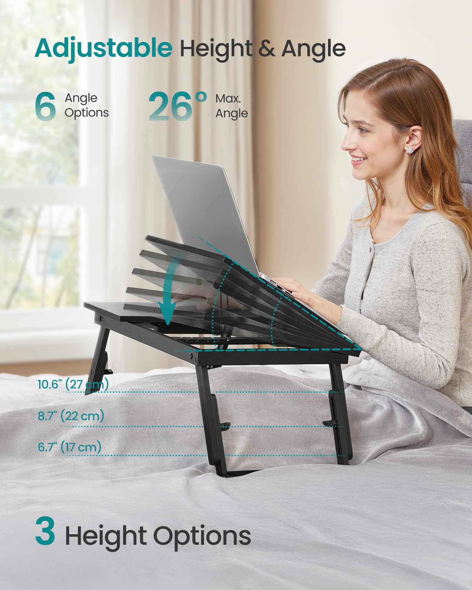 SONGMICS Bed Laptop Desk, Folding Bed Tray for Laptop up to 15.6 Inches, Adjustable Angle and Height, Portable for Working Reading Writing Breakfast, Bamboo Legs, Drawer, Ebony Black ULLD105BE01 - Image 3