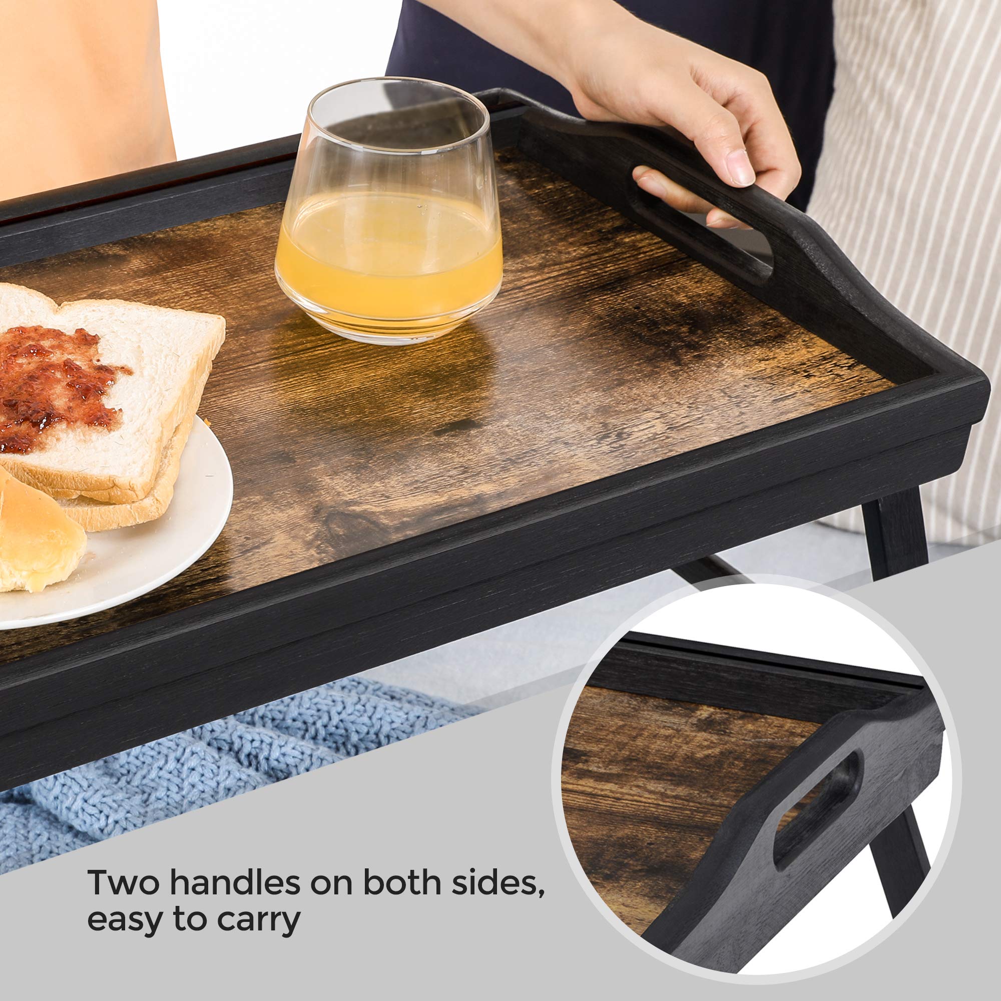 SONGMICS Bed Tray Table with Bamboo Folding Legs, Sofa Breakfast Tray, Serving Tray with Groove for Phone Tablet, Rustic Dark Brown ULLD111B01 - Image 5
