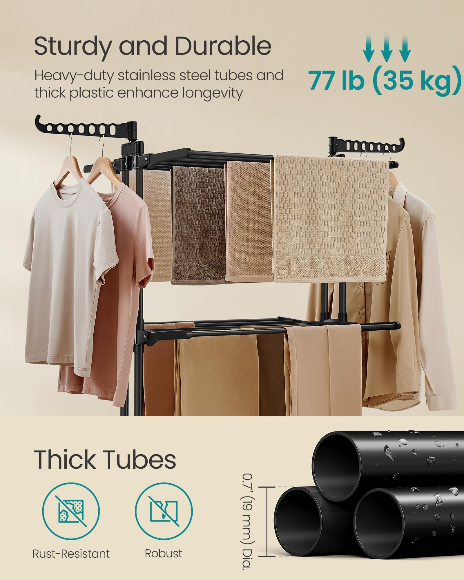 SONGMICS Clothes Drying Rack Stand 4-Tier, Foldable Laundry Drying Rack 68.1-Inch Tall, Stainless Steel, Rolling Clothes Horses Dryer Rack, Easy to Assemble, Indoor Outdoor Use, Ink Black ULLR701B01 - Image 4