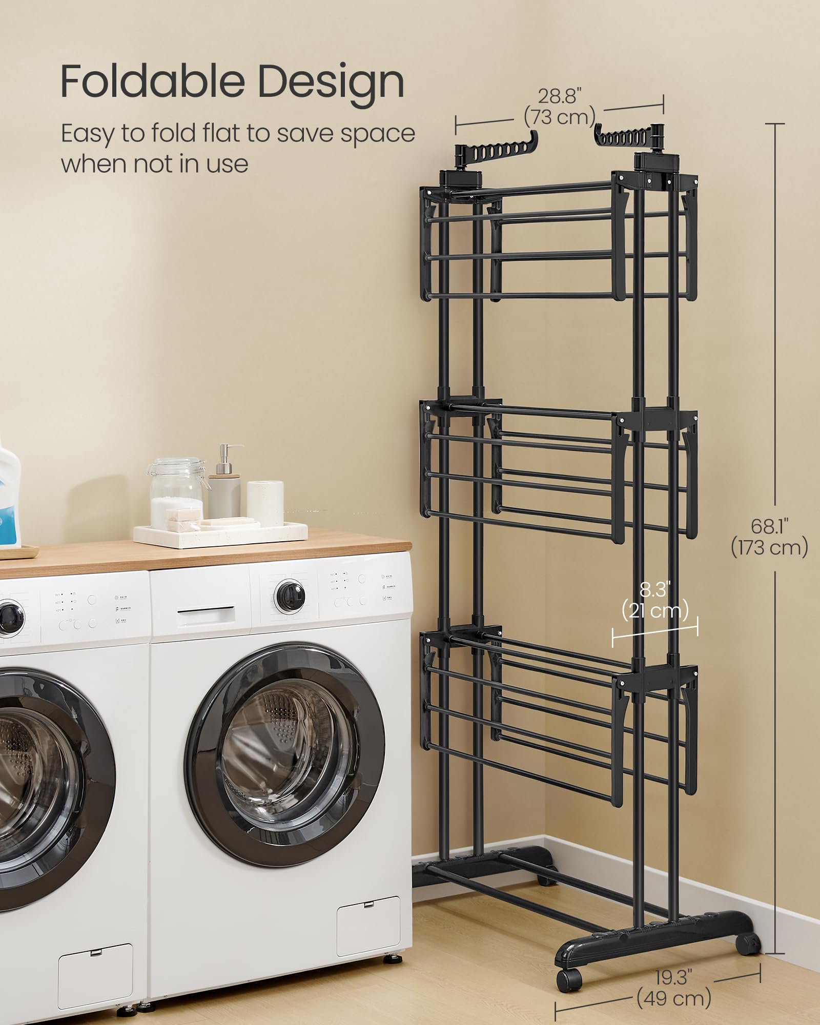 SONGMICS Clothes Drying Rack Stand 4-Tier, Foldable Laundry Drying Rack 68.1-Inch Tall, Stainless Steel, Rolling Clothes Horses Dryer Rack, Easy to Assemble, Indoor Outdoor Use, Ink Black ULLR701B01 - Image 7