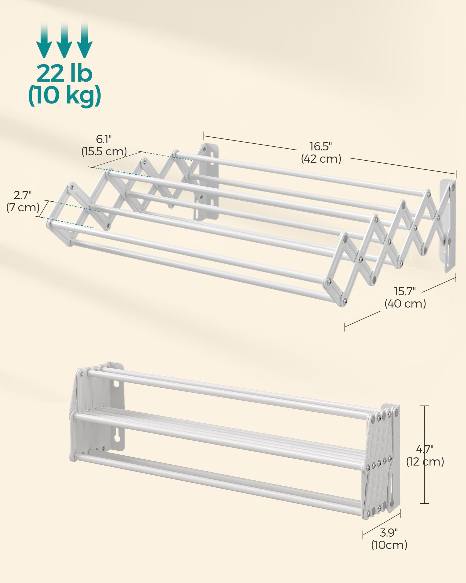 SONGMICS Clothes Drying Rack, Wall-Mounted Drying Rack Clothing, Small Accordion Laundry Rack, 9 Staggered Hanging Rods, Expandable and Retractable, Cloud White ULLR802W01 - Image 6