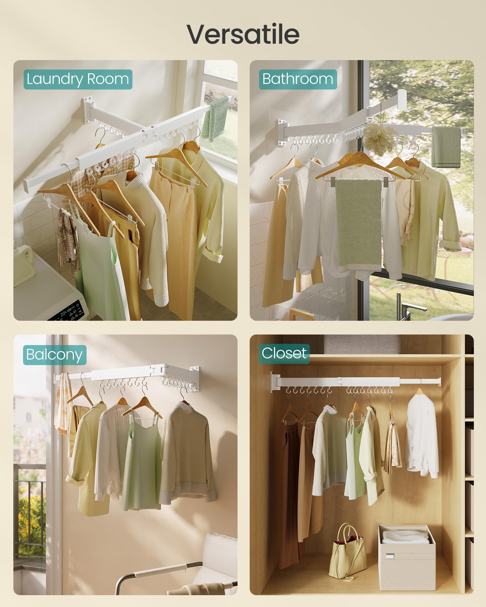 SONGMICS Clothes Drying Rack, Wall-Mounted Laundry Drying Rack, Extendable, Foldable Arms, with 21 Swivel Sliding Hooks, Space-Saving, for Laundry Room, Bathroom, Cloud White ULLR807W01 - Image 3