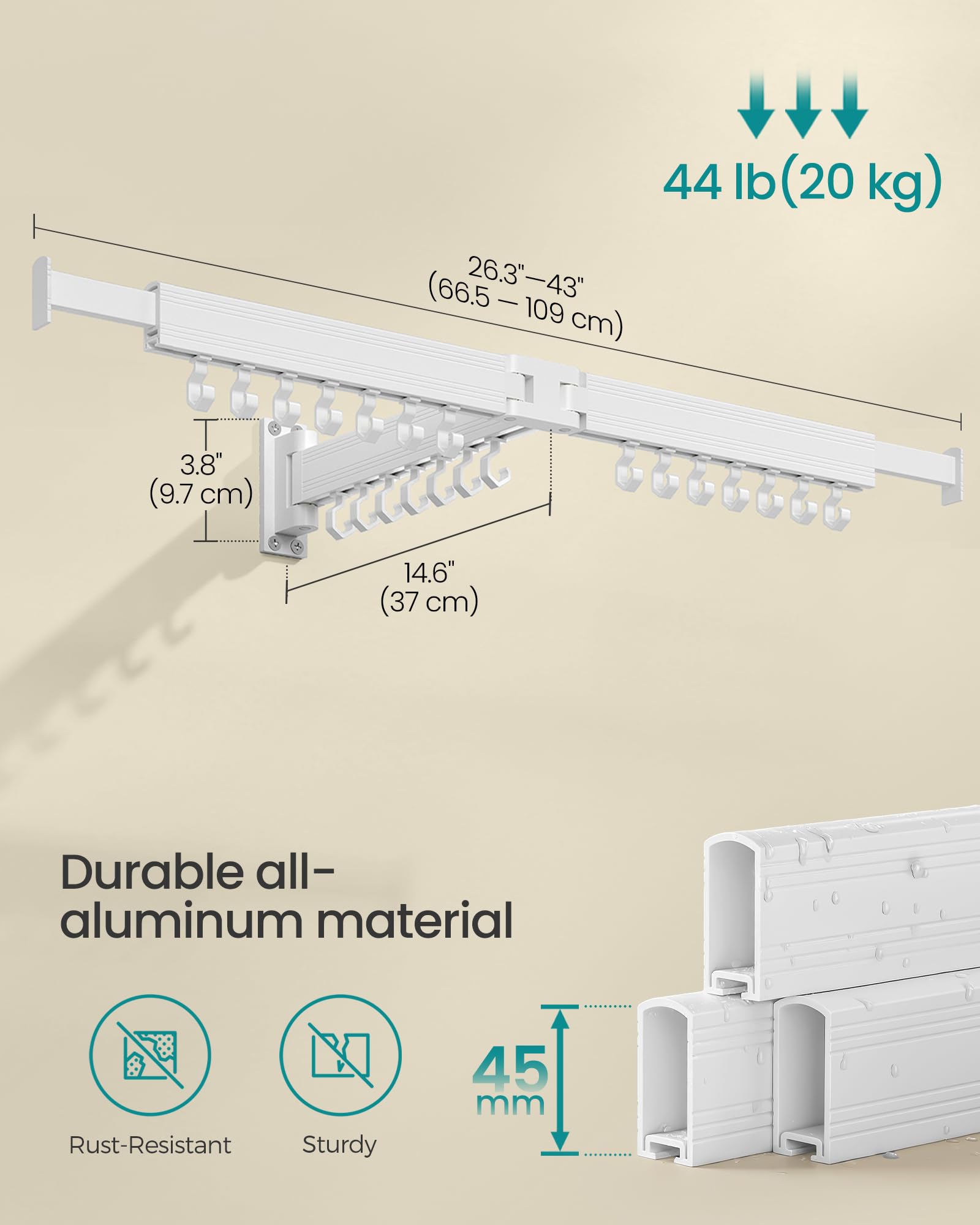 SONGMICS Clothes Drying Rack, Wall-Mounted Laundry Drying Rack, Extendable, Foldable Arms, with 21 Swivel Sliding Hooks, Space-Saving, for Laundry Room, Bathroom, Cloud White ULLR807W01 - Image 7