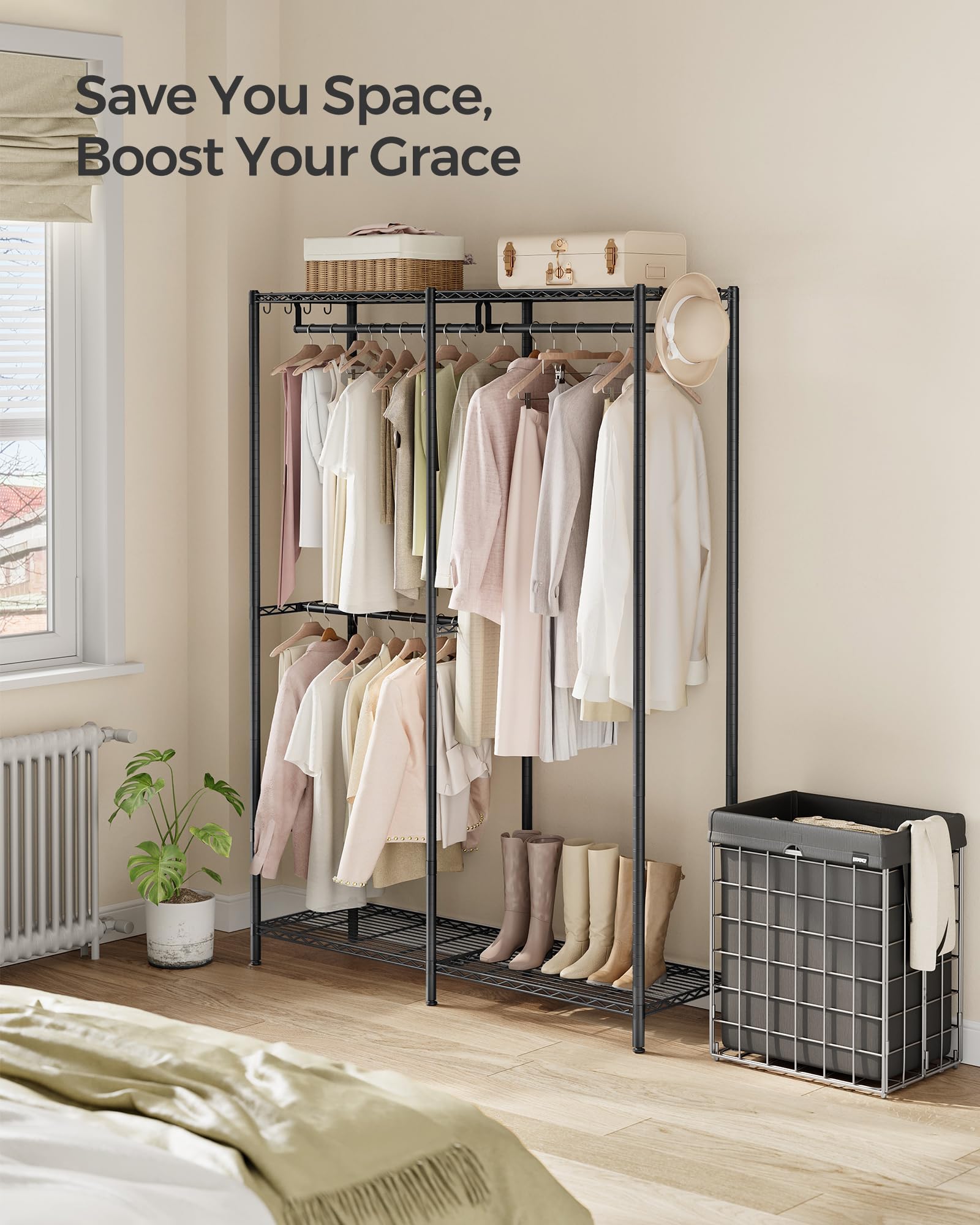 SONGMICS Clothes Rack, Freestanding Wardrobe Closet, Metal Clothing Racks, Heavy-Duty Garment Rack with Adjustable Shelves, Hanging Rods, Dividable, 15.8 x 47.2 x 70.9 Inches, Ink Black ULGR423B01 - Image 3