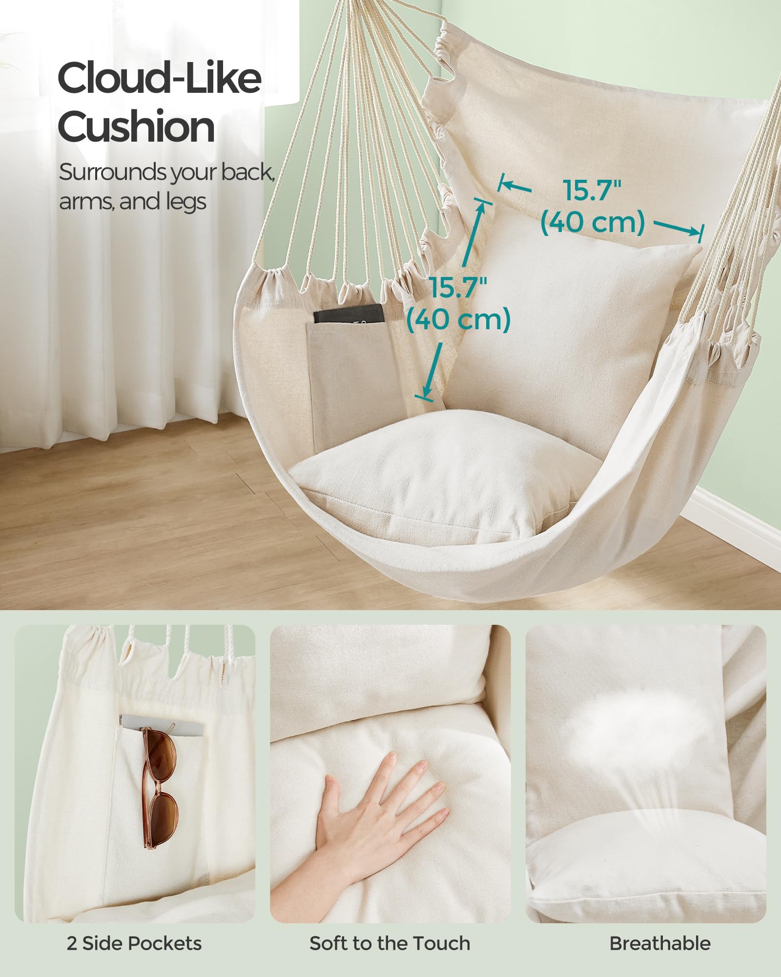 SONGMICS Hammock Chair, Load Capacity 500 lb, Hanging Chair with 2 Cushions, Large Hammock Swing with Chain and Pocket, for Indoor, Outdoor, Living Room, Bedroom, Cream White UGDC197M01 - Image 3