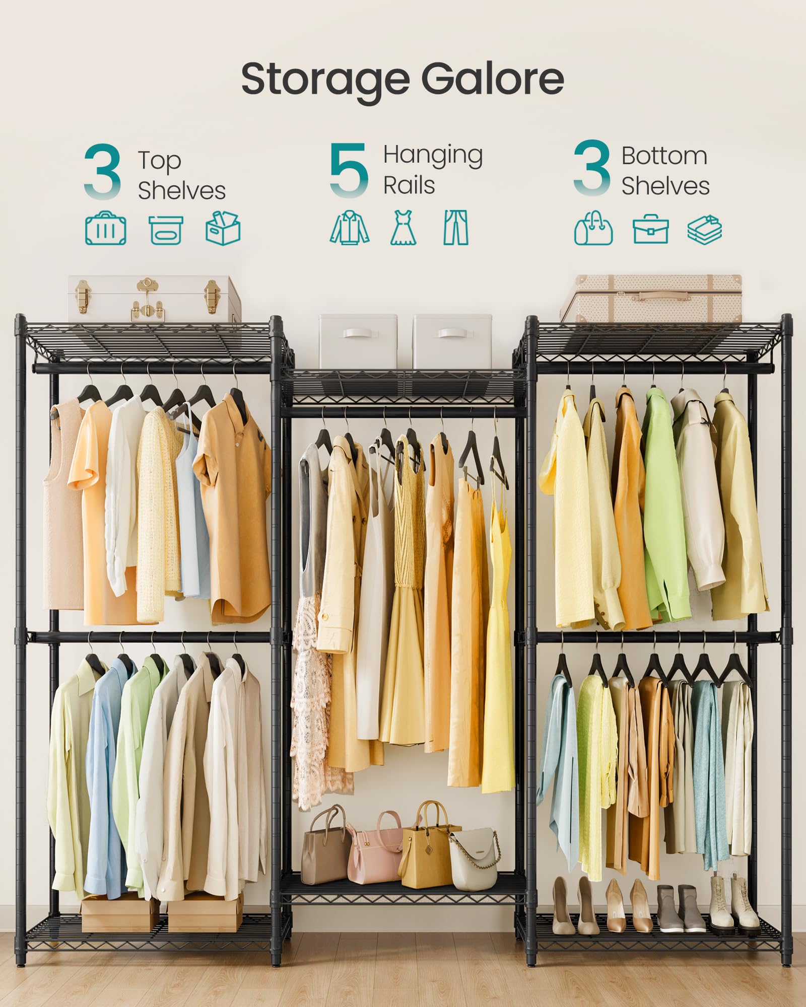 SONGMICS Heavy-Duty Clothes Rack, Garment Rack, Portable Closet, 68.7-Inch Wide Clothing Rack with Adjustable Mesh Shelves and Hanging Rails, Ink Black ULGR433B01 - Image 3