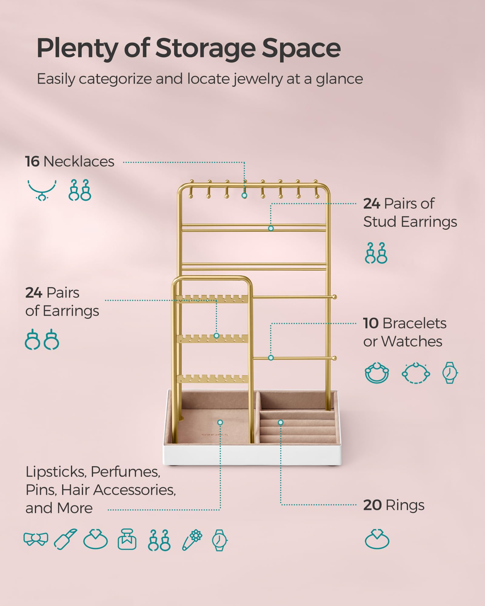 SONGMICS Set of 2 Jewelry Holders, Jewelry Organizers Display Stands with Metal Frame, Velvet Tray, Necklace Earring Bracelet Holders, for Studs, Rings, Gift Idea, Pale Gold UJJS021A01V1-2J - Image 4