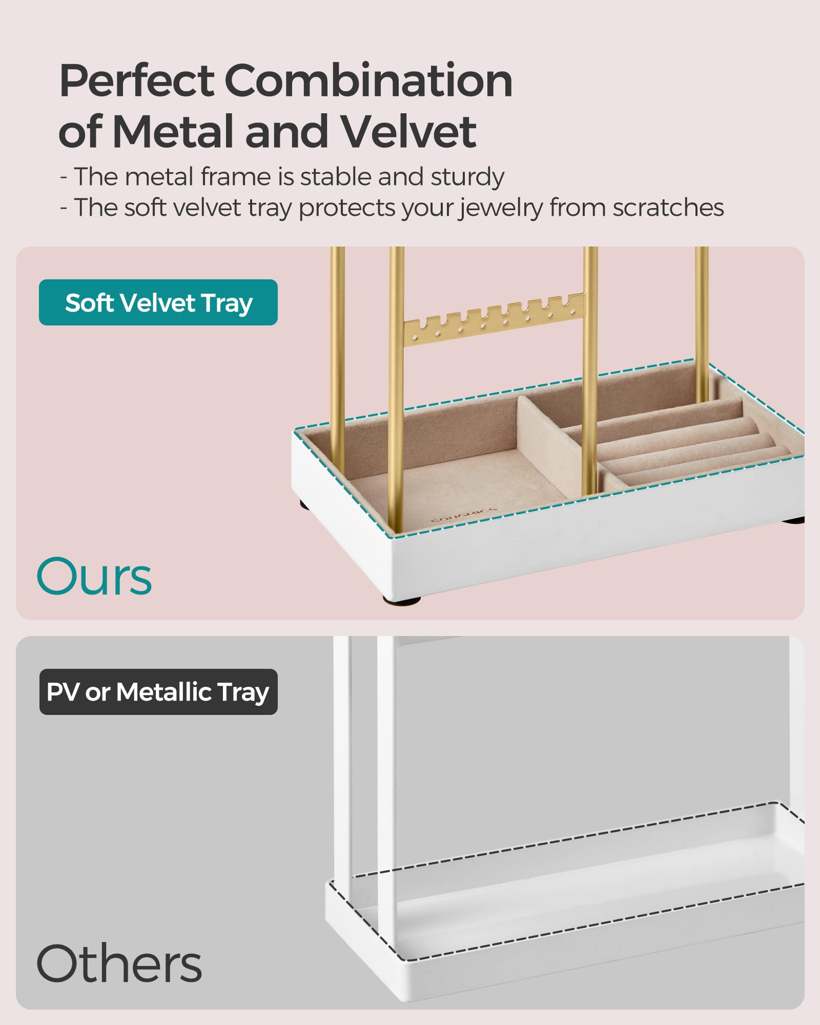 SONGMICS Set of 2 Jewelry Holders, Jewelry Organizers Display Stands with Metal Frame, Velvet Tray, Necklace Earring Bracelet Holders, for Studs, Rings, Gift Idea, Pale Gold UJJS021A01V1-2J - Image 5