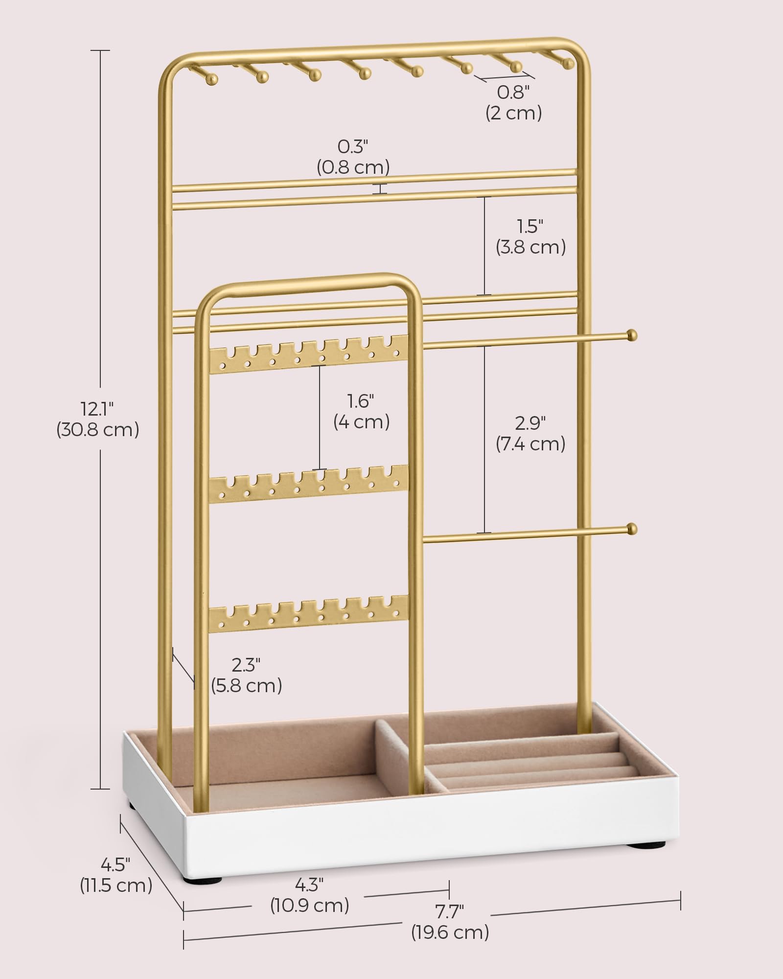 SONGMICS Set of 2 Jewelry Holders, Jewelry Organizers Display Stands with Metal Frame, Velvet Tray, Necklace Earring Bracelet Holders, for Studs, Rings, Gift Idea, Pale Gold UJJS021A01V1-2J - Image 6