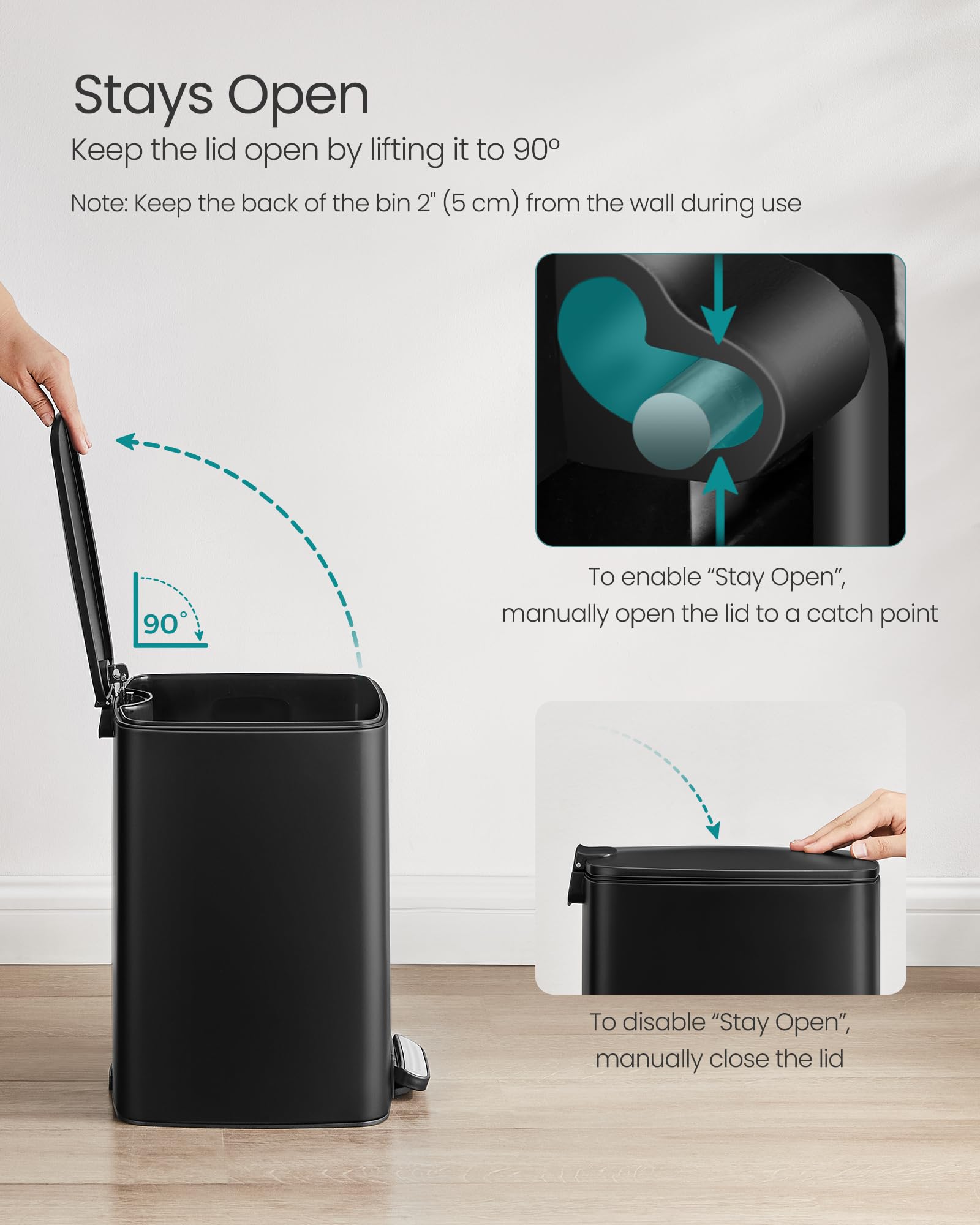SONGMICS Kitchen Trash Can, 5.2-Gallon (20 L) Trash Bin, Stainless Steel Garbage Can, with Inner Bucket, Soft Close and Stays Open, Ink Black ULTB592B01 - Image 6
