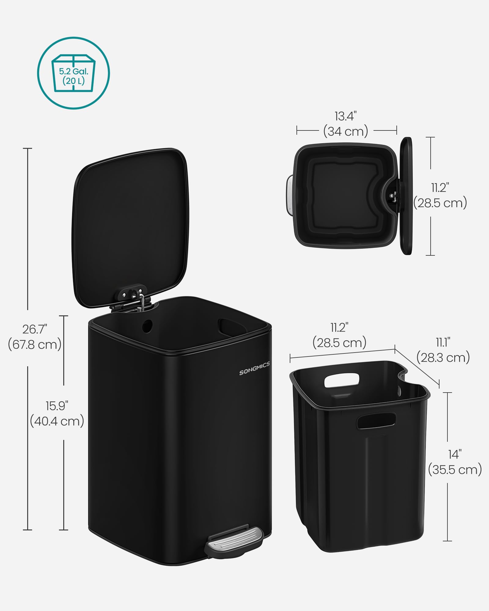 SONGMICS Kitchen Trash Can, 5.2-Gallon (20 L) Trash Bin, Stainless Steel Garbage Can, with Inner Bucket, Soft Close and Stays Open, Ink Black ULTB592B01 - Image 7