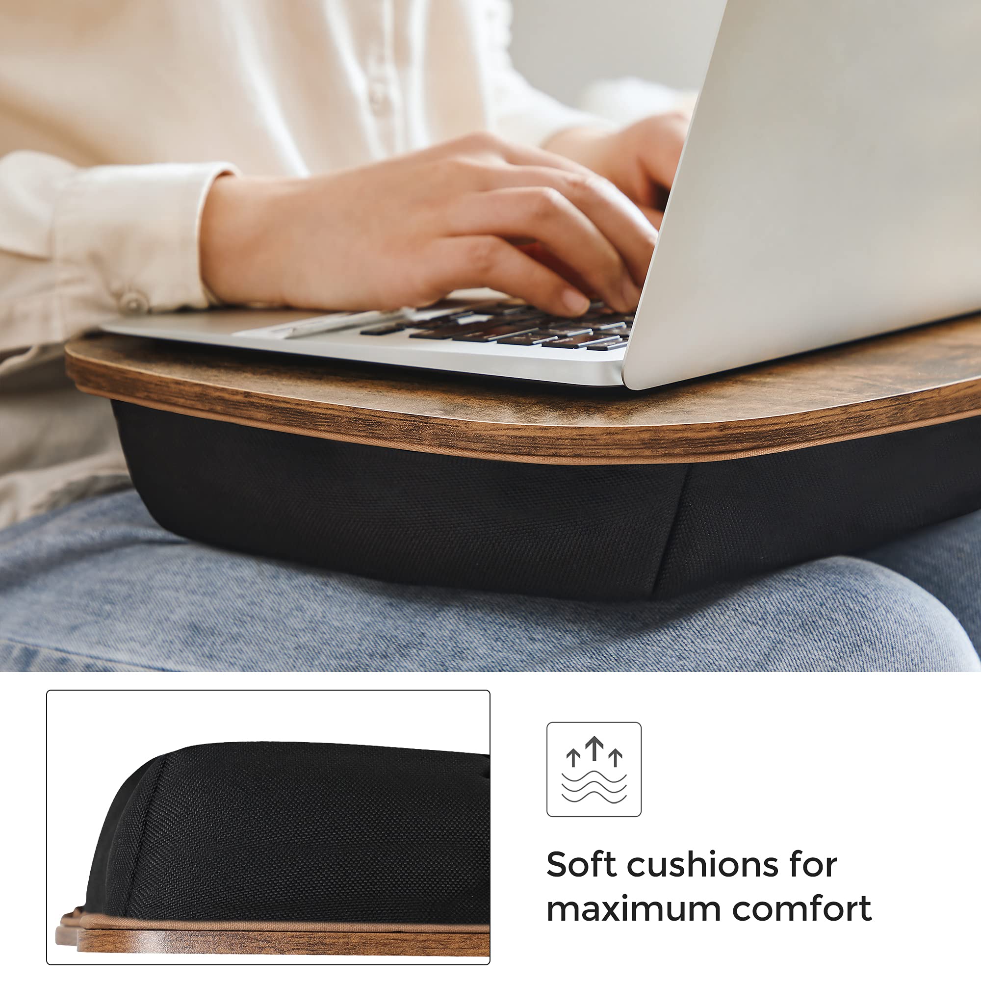 SONGMICS Lap Desk, Bed Tray, Laptop Table with Handle, Cushion, 12.6 x 15.7 x 3.1 Inches, Rustic Brown ULLD109B01 - Image 5