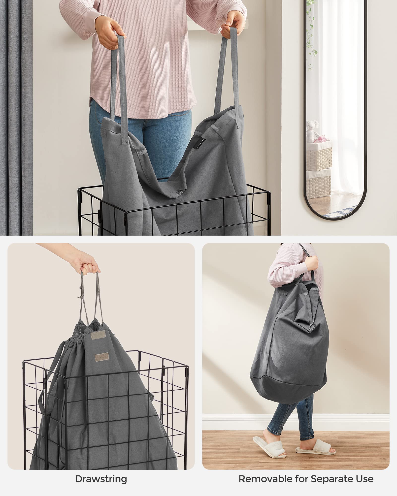 SONGMICS Laundry Hamper, 23.8 Gal. (90L) Laundry Basket, Collapsible Clothes Hamper, Removable and Washable Liner, Metal Wire Frame, for Bedroom Bathroom, Black and Gray ULCB190G01 - Image 4
