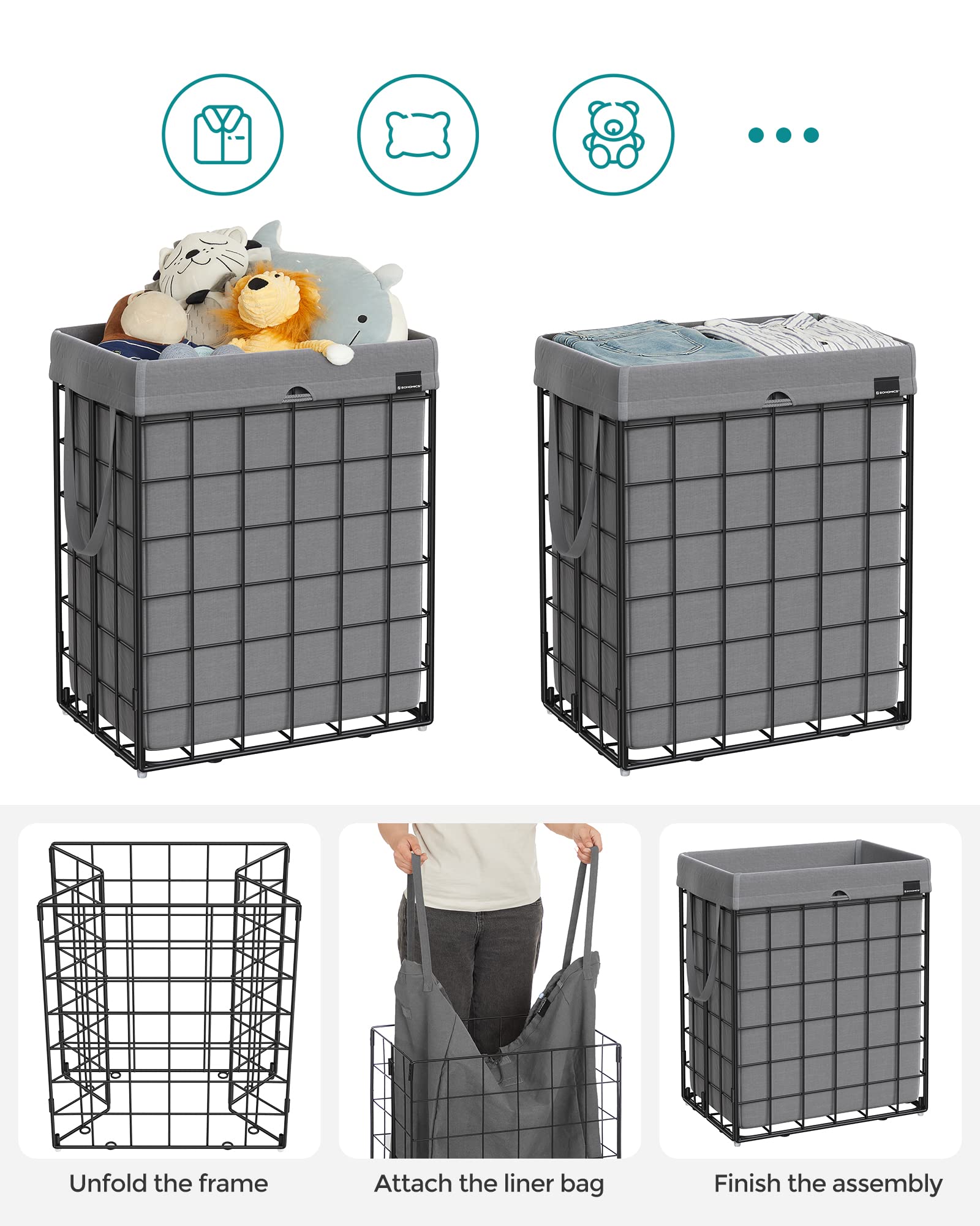 SONGMICS Laundry Hamper, 23.8 Gal. (90L) Laundry Basket, Collapsible Clothes Hamper, Removable and Washable Liner, Metal Wire Frame, for Bedroom Bathroom, Black and Gray ULCB190G01 - Image 7