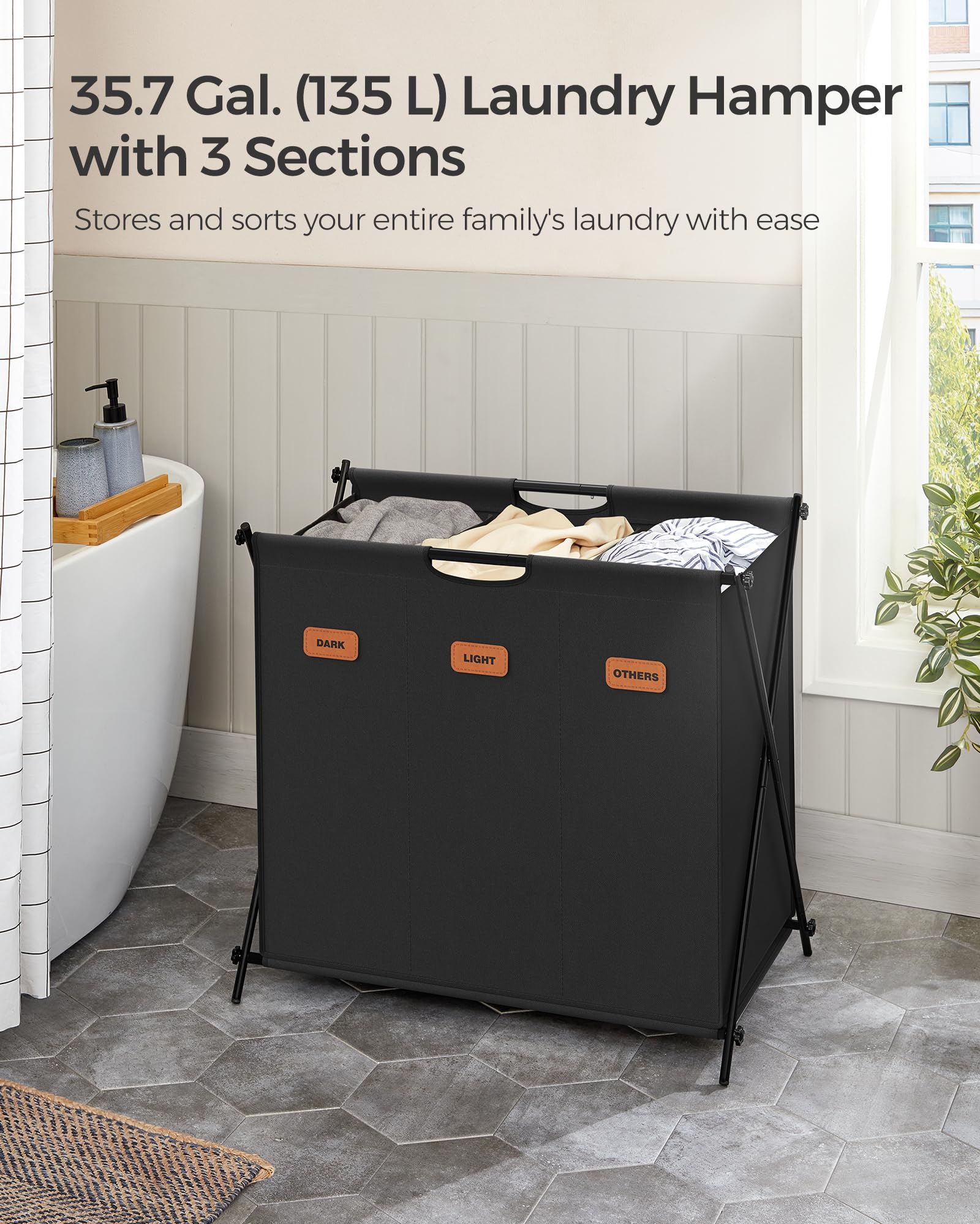 SONGMICS Laundry Hamper, Laundry Basket, 35.7 Gal. Laundry Sorter 3 Sections, Collapsible X-Frame, Clothes Organizer with Customizable Labels, Laundry Room, Bedroom, Bathroom, Ink Black ULCB130B01 - Image 3