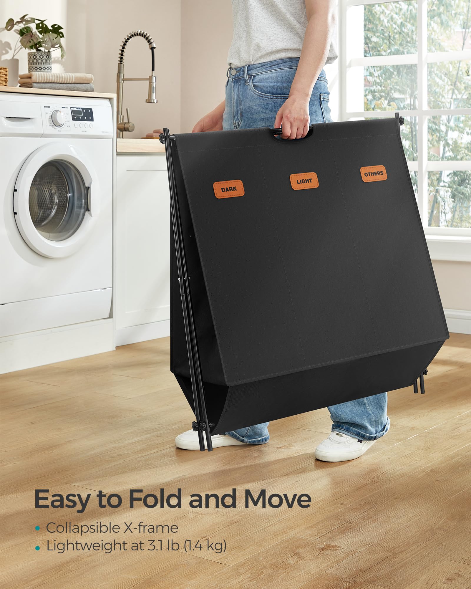 SONGMICS Laundry Hamper, Laundry Basket, 35.7 Gal. Laundry Sorter 3 Sections, Collapsible X-Frame, Clothes Organizer with Customizable Labels, Laundry Room, Bedroom, Bathroom, Ink Black ULCB130B01 - Image 4