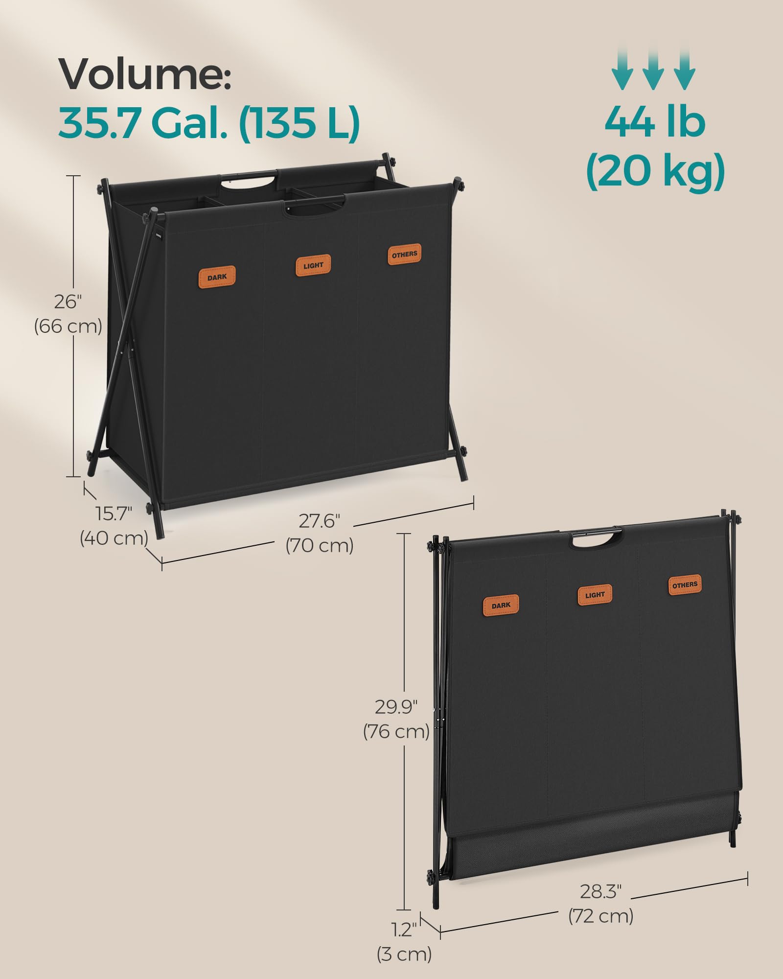 SONGMICS Laundry Hamper, Laundry Basket, 35.7 Gal. Laundry Sorter 3 Sections, Collapsible X-Frame, Clothes Organizer with Customizable Labels, Laundry Room, Bedroom, Bathroom, Ink Black ULCB130B01 - Image 6