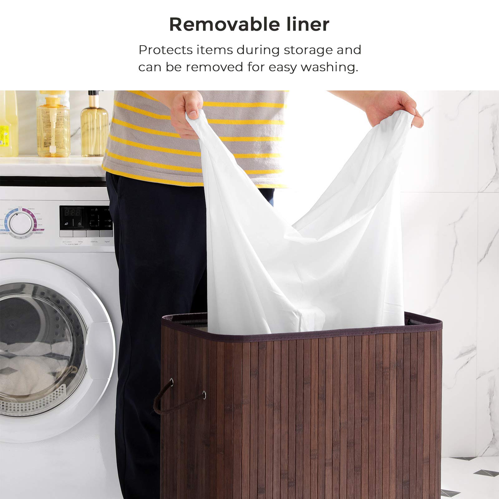 SONGMICS Laundry Hamper with Lid, Bamboo Launry Basket with Handles, Foldable Storage Basket for Laundry Room, Bedroom, 100L, Brown ULCB063K02 - Image 4