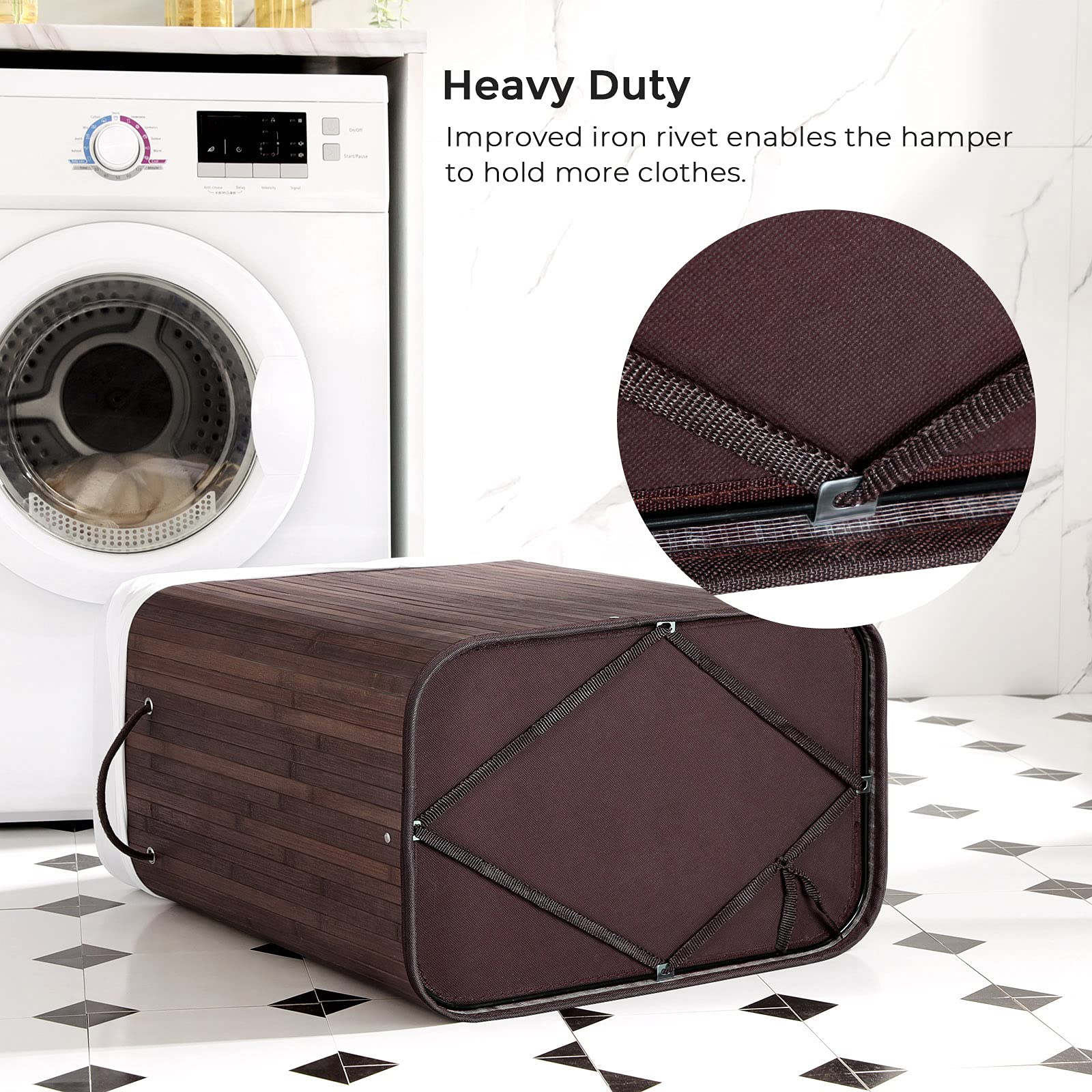SONGMICS Laundry Hamper with Lid, Bamboo Launry Basket with Handles, Foldable Storage Basket for Laundry Room, Bedroom, 100L, Brown ULCB063K02 - Image 7
