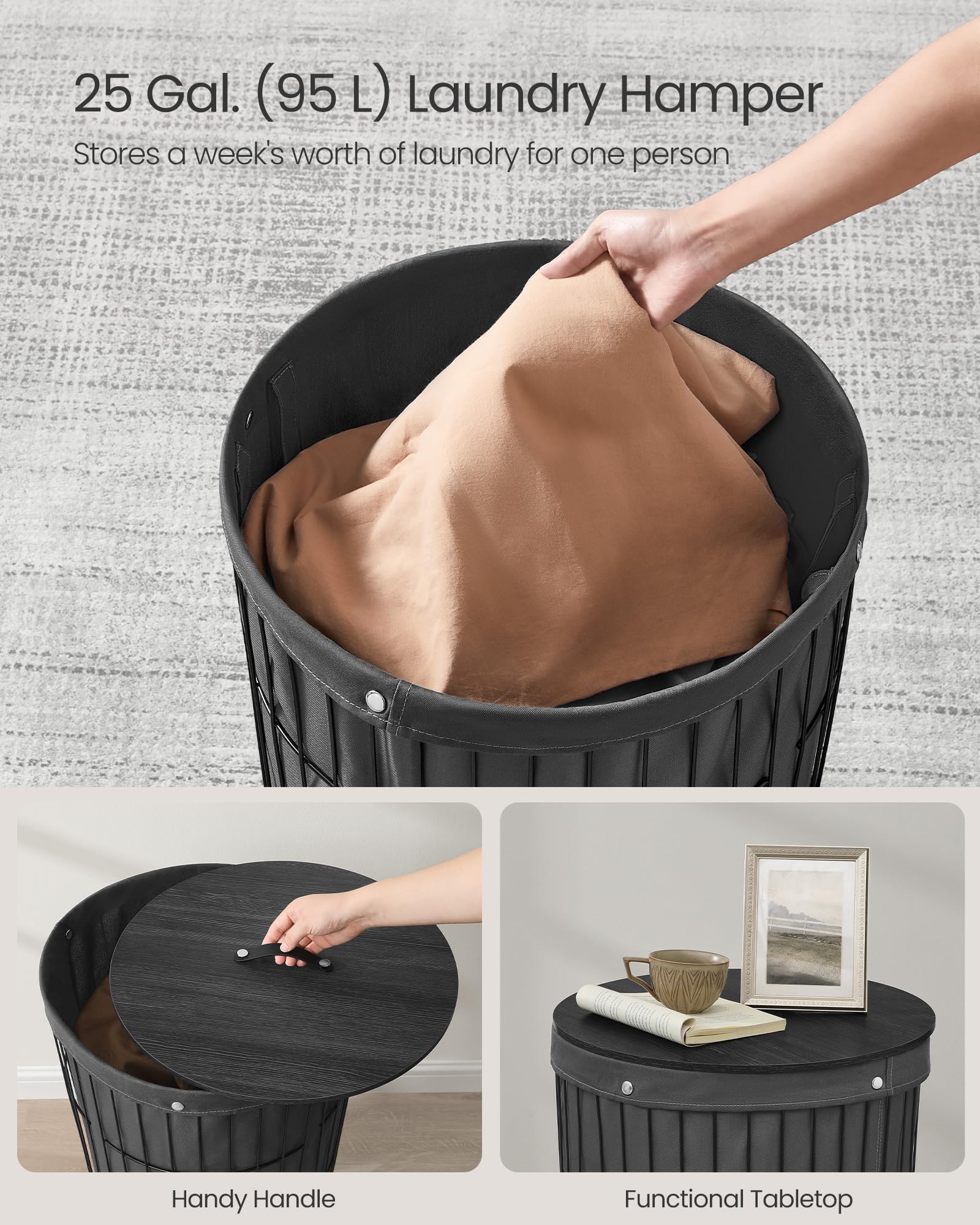 SONGMICS Laundry Hamper with Lid, Round Laundry Basket, 25 Gallons (95 L), Versatile, Removable Fabric Liner, Large Capacity, for Laundry Room, Bedroom, Living Room, Slate Gray ULCB160G01 - Image 4