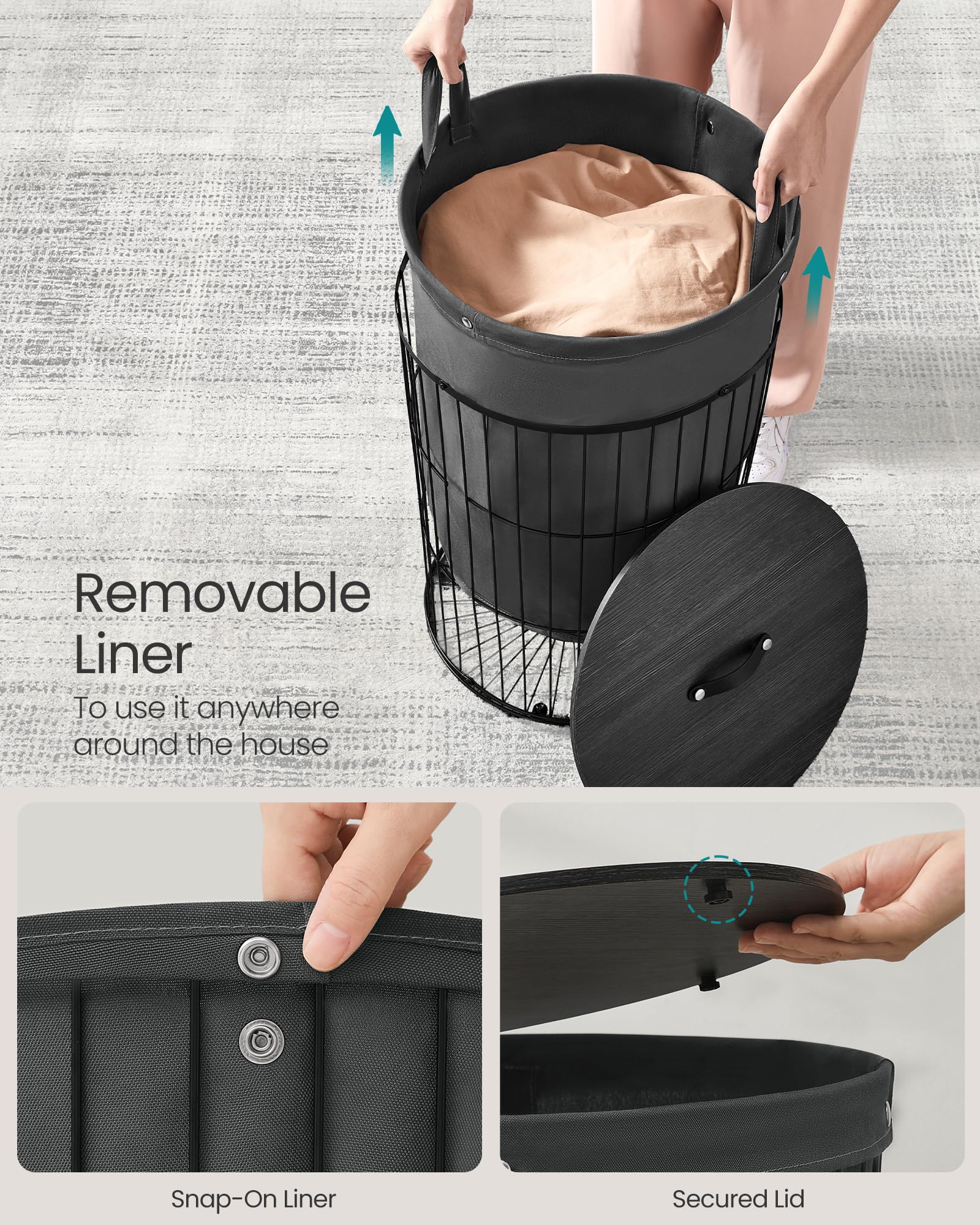 SONGMICS Laundry Hamper with Lid, Round Laundry Basket, 25 Gallons (95 L), Versatile, Removable Fabric Liner, Large Capacity, for Laundry Room, Bedroom, Living Room, Slate Gray ULCB160G01 - Image 5