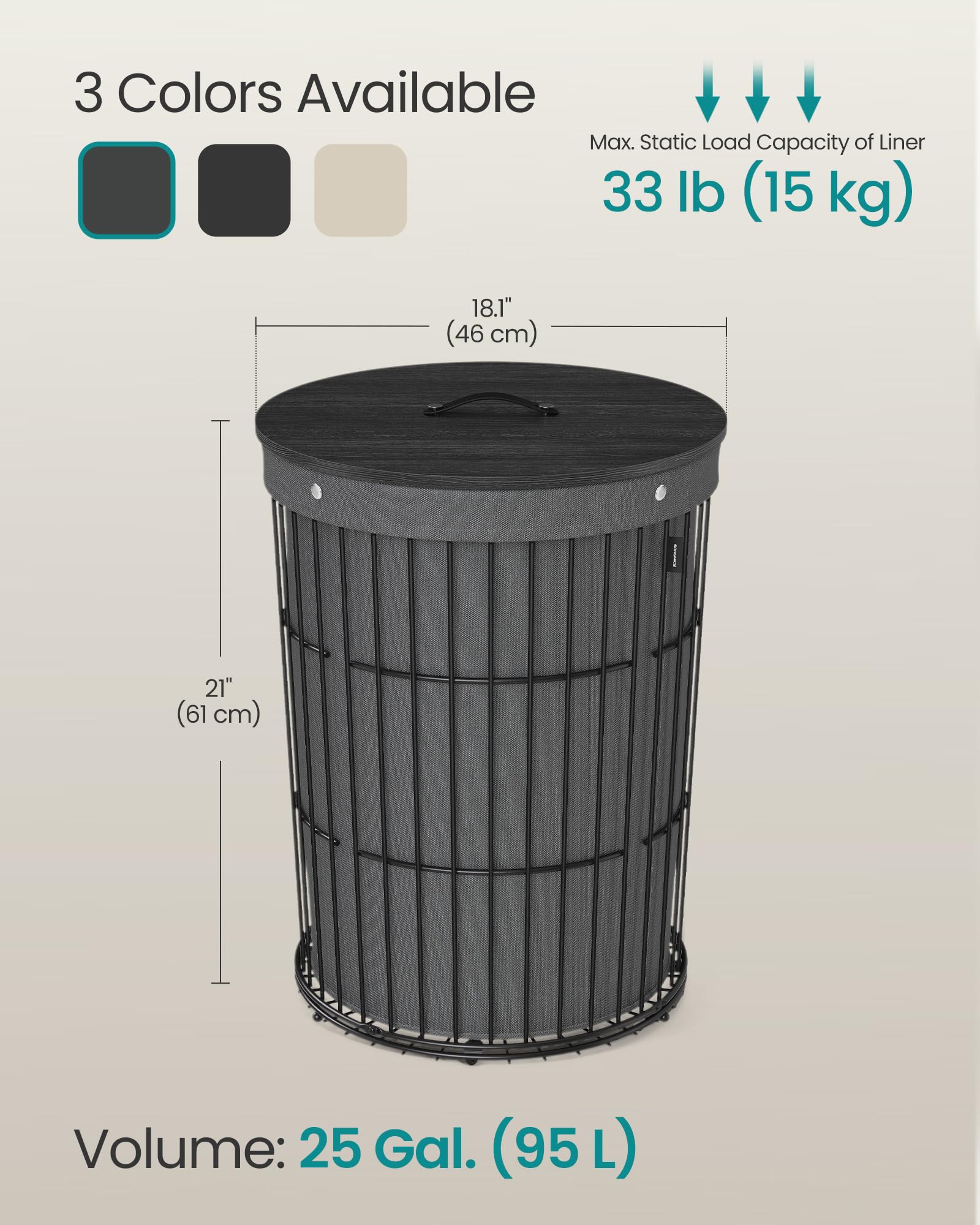 SONGMICS Laundry Hamper with Lid, Round Laundry Basket, 25 Gallons (95 L), Versatile, Removable Fabric Liner, Large Capacity, for Laundry Room, Bedroom, Living Room, Slate Gray ULCB160G01 - Image 6