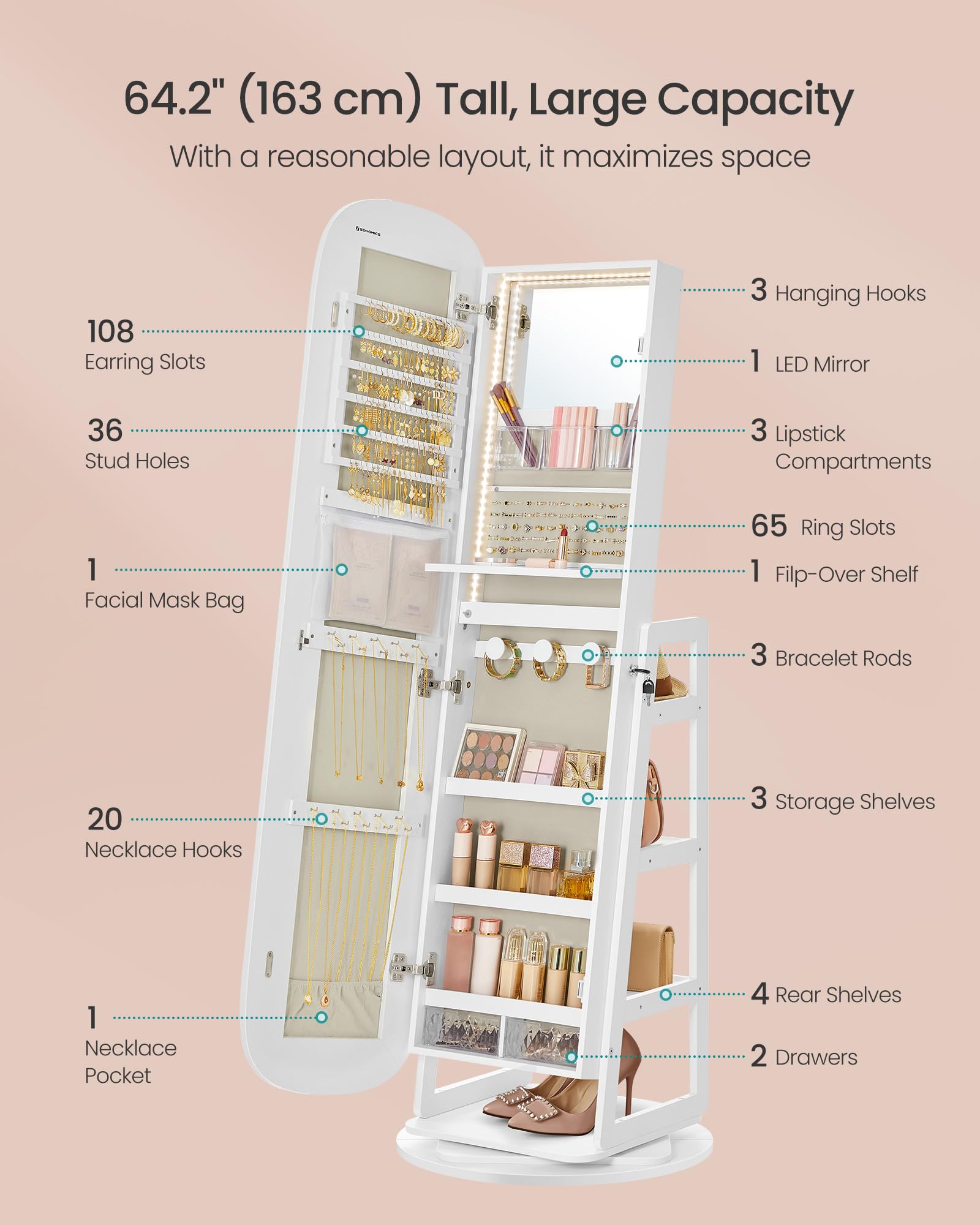 SONGMICS LED Jewelry Cabinet, 360° Swivel Jewelry Organizer, Lockable Mirror Jewelry Cabinet Standing, Rounded Wide Full-Length Mirror with Storage Shelves, Interior Mirror, Cloud White UJJC036W01 - Image 4