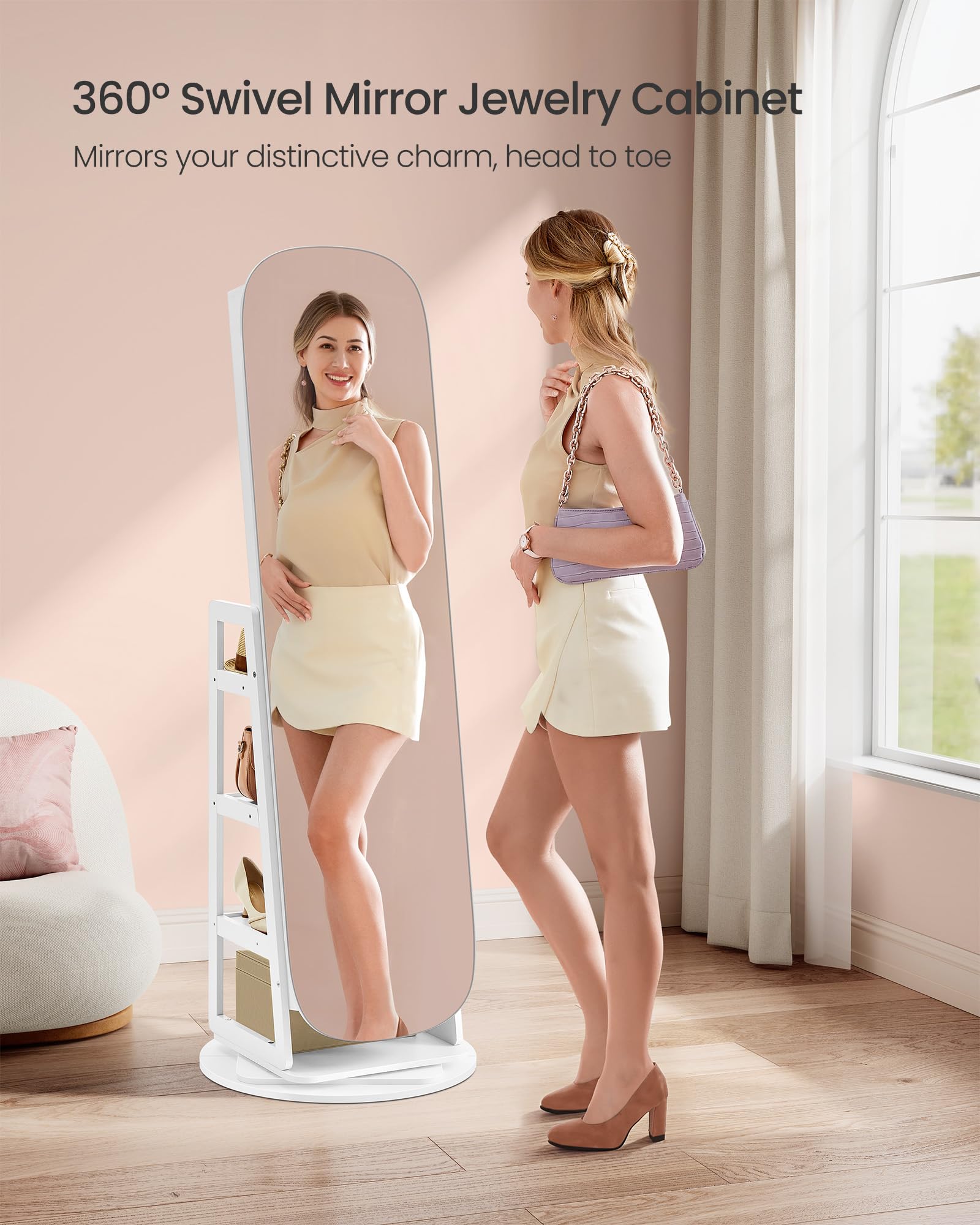 SONGMICS LED Jewelry Cabinet, 360° Swivel Jewelry Organizer, Lockable Mirror Jewelry Cabinet Standing, Rounded Wide Full-Length Mirror with Storage Shelves, Interior Mirror, Cloud White UJJC036W01 - Image 5