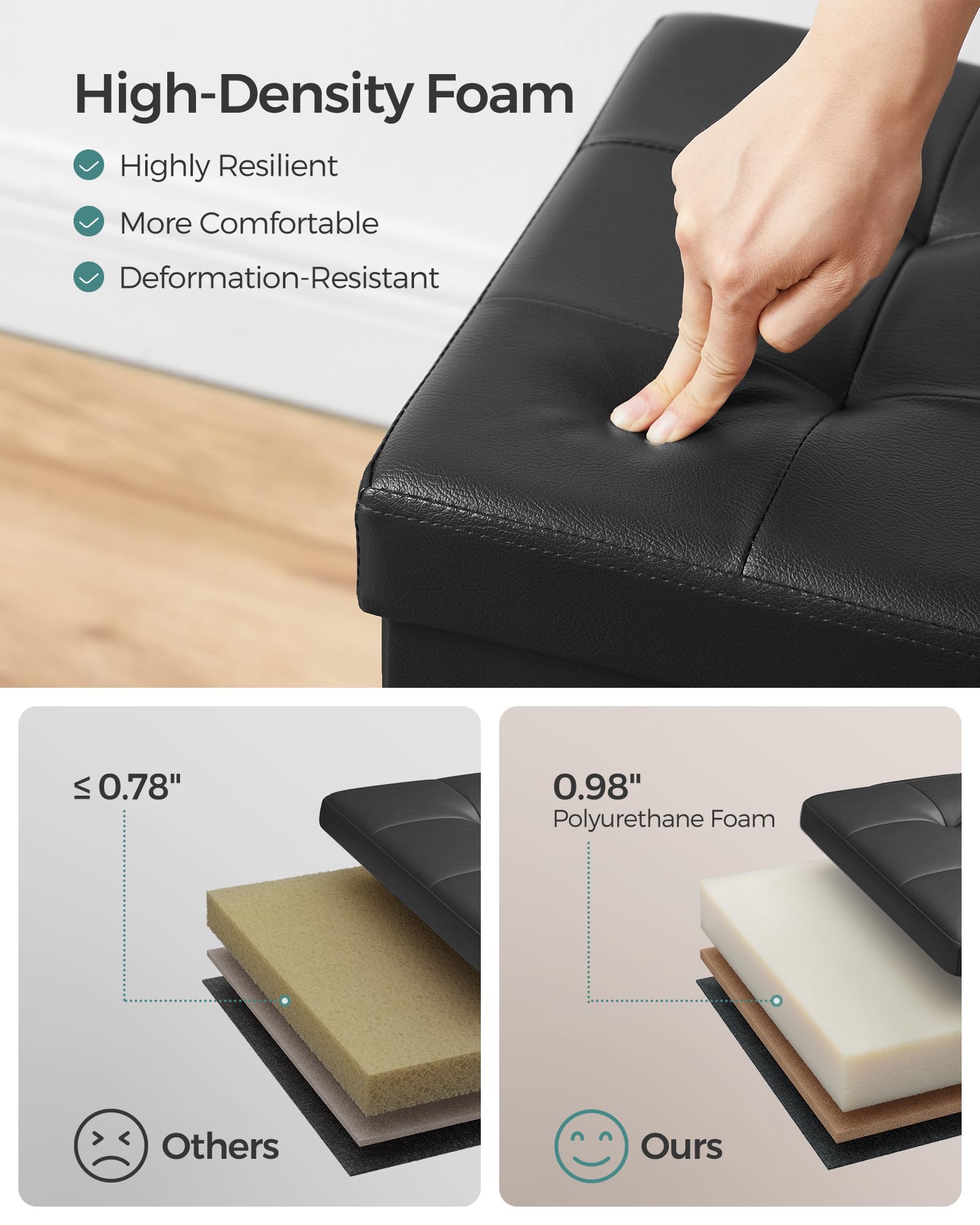 SONGMICS MAZIE Collection - 30 Inches Storage Ottoman Bench with Flipping Lid, Storage Chest Footstool, Load 660 lb, for Entryway, Living Room, Bedroom, Synthetic Leather, Black ULSF45BK - Image 6