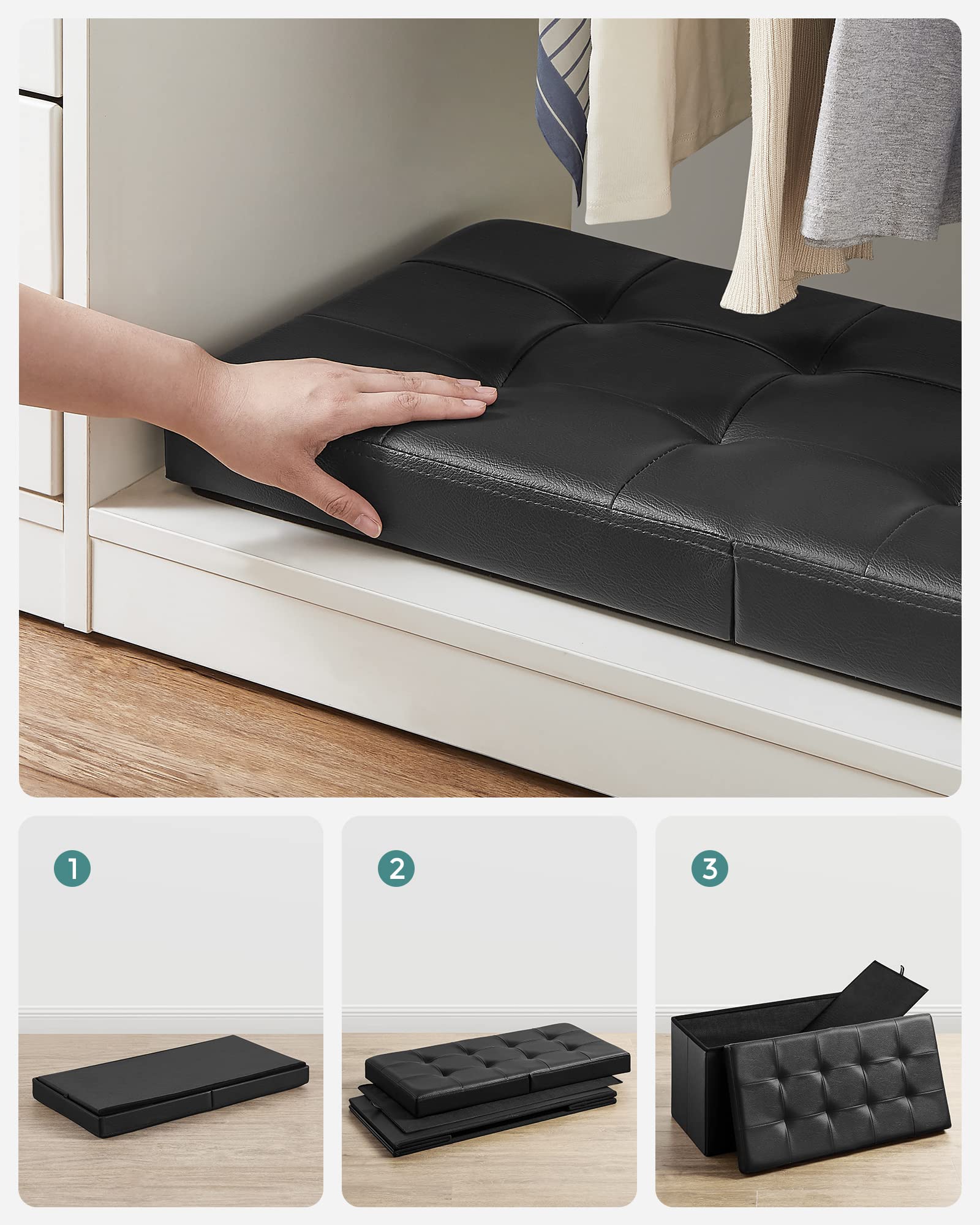 SONGMICS MAZIE Collection - 30 Inches Storage Ottoman Bench with Flipping Lid, Storage Chest Footstool, Load 660 lb, for Entryway, Living Room, Bedroom, Synthetic Leather, Black ULSF45BK - Image 8