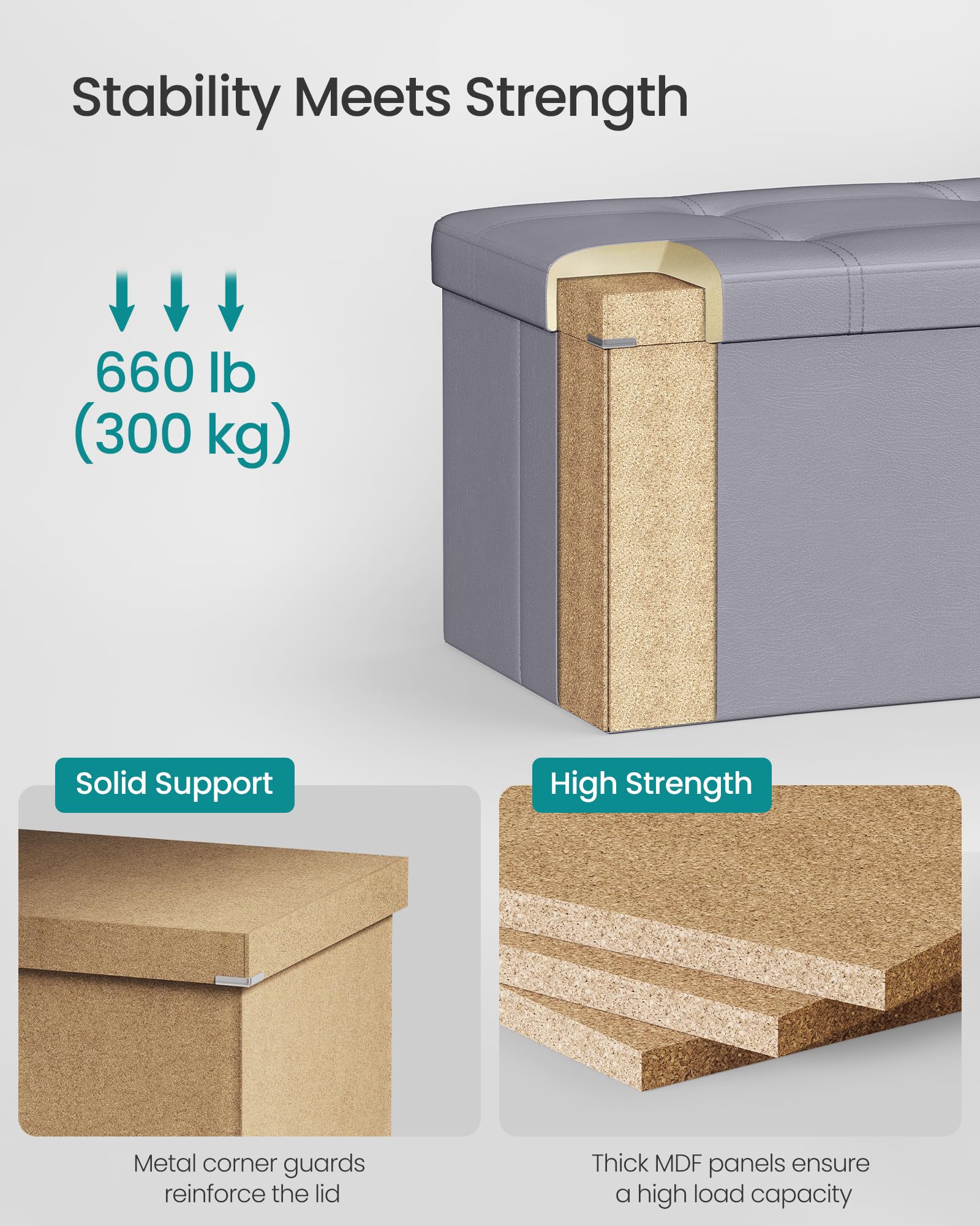 SONGMICS MAZIE Collection - 43 Inches Folding Storage Ottoman Bench, Ottoman with Storage, Foot Rest Stool, Load 660 lb, for Living Room, Synthetic Leather, Light Gray ULSF70GY - Image 4