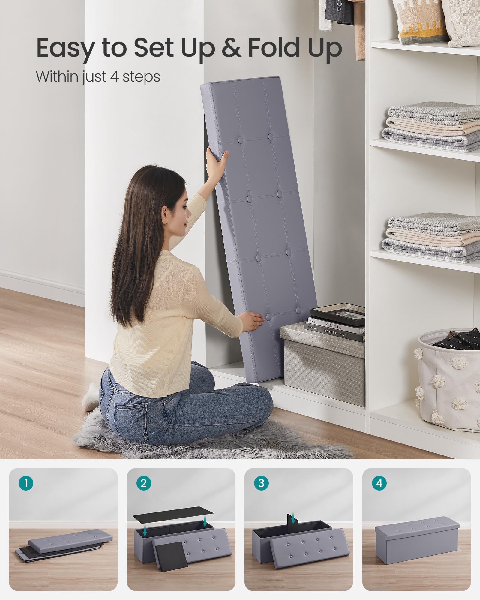 SONGMICS MAZIE Collection - 43 Inches Folding Storage Ottoman Bench, Ottoman with Storage, Foot Rest Stool, Load 660 lb, for Living Room, Synthetic Leather, Light Gray ULSF70GY - Image 6