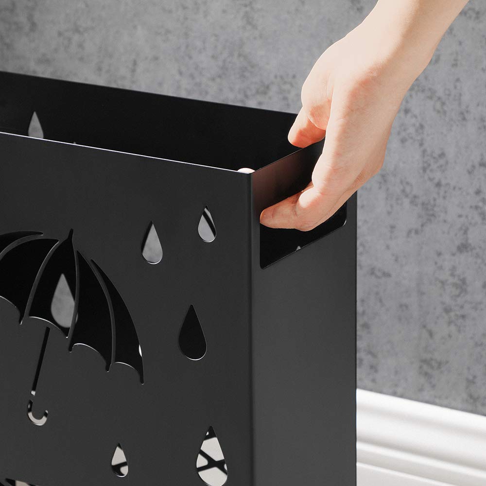 SONGMICS Metal Umbrella Stand, Rectangular Umbrella Holder Rack, with a Removable Drip Tray, 4 Hooks, Cutout Design, for Entryway, Office, Black ULUC004B01 - Image 6